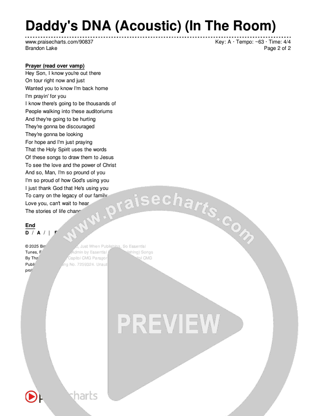 Daddy's DNA (Acoustic) (In The Room) Chords & Lyrics (Brandon Lake)