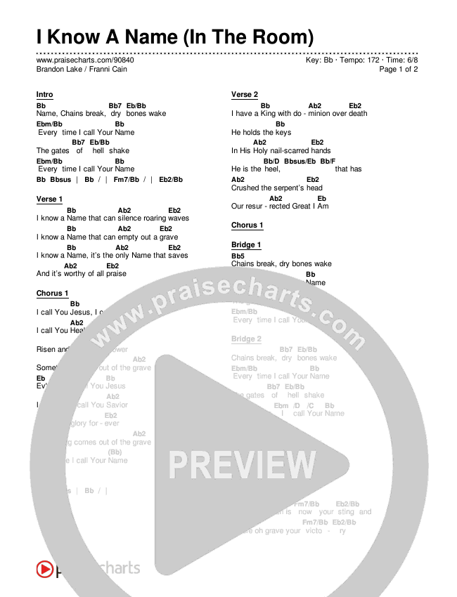 I Know A Name (In The Room) Chords & Lyrics (Brandon Lake / Franni Cain)