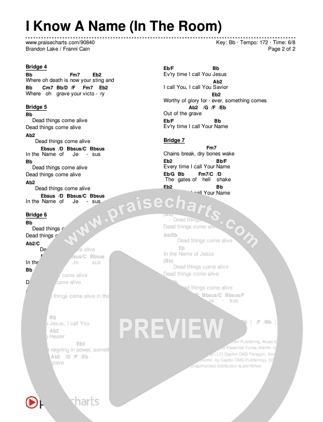 I Know A Name (In The Room) Chords & Lyrics (Brandon Lake / Franni Cain)