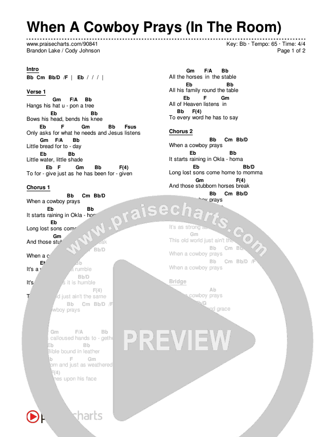 When A Cowboy Prays (In The Room) Chords & Lyrics (Brandon Lake / Cody Johnson)