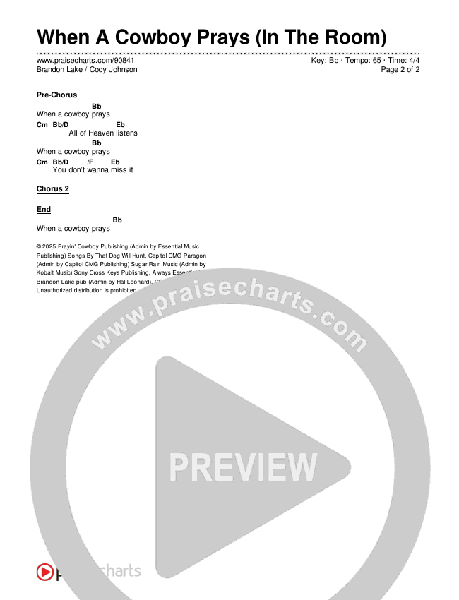 When A Cowboy Prays (In The Room) Chords & Lyrics (Brandon Lake / Cody Johnson)