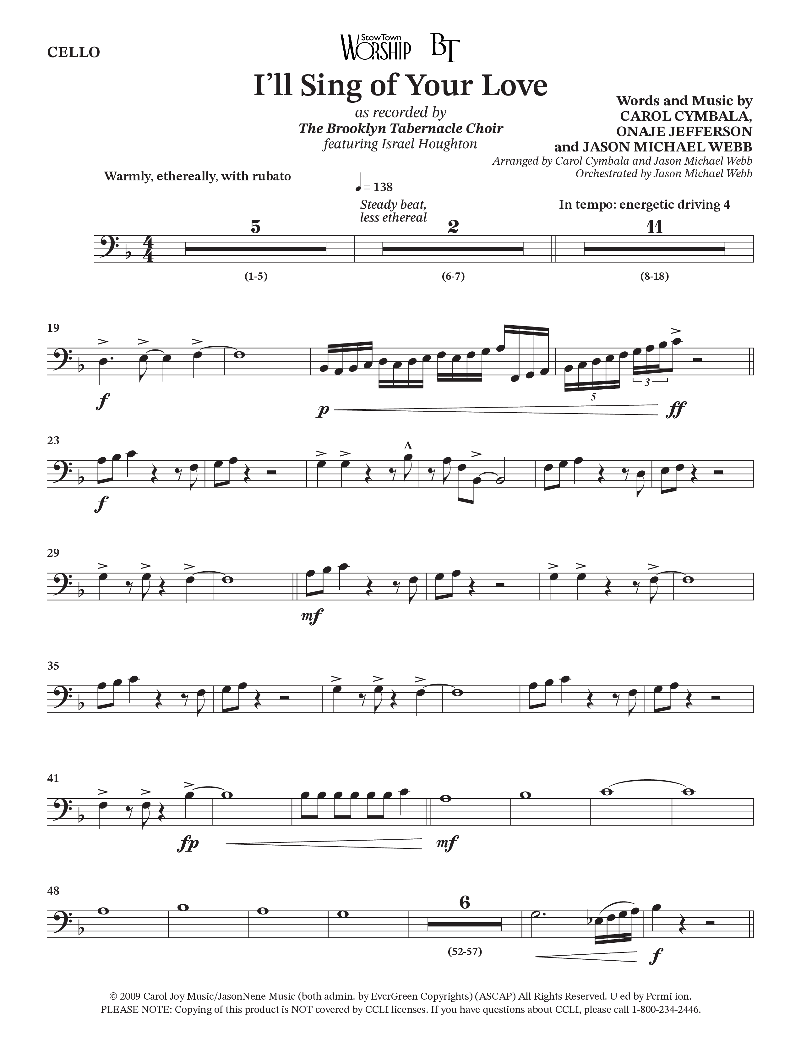 I'll Sing Of Your Love (Choral Anthem SATB) Cello (The Brooklyn Tabernacle Choir / Arr. Carol Cymbala / Orch. Jason Michael Webb)
