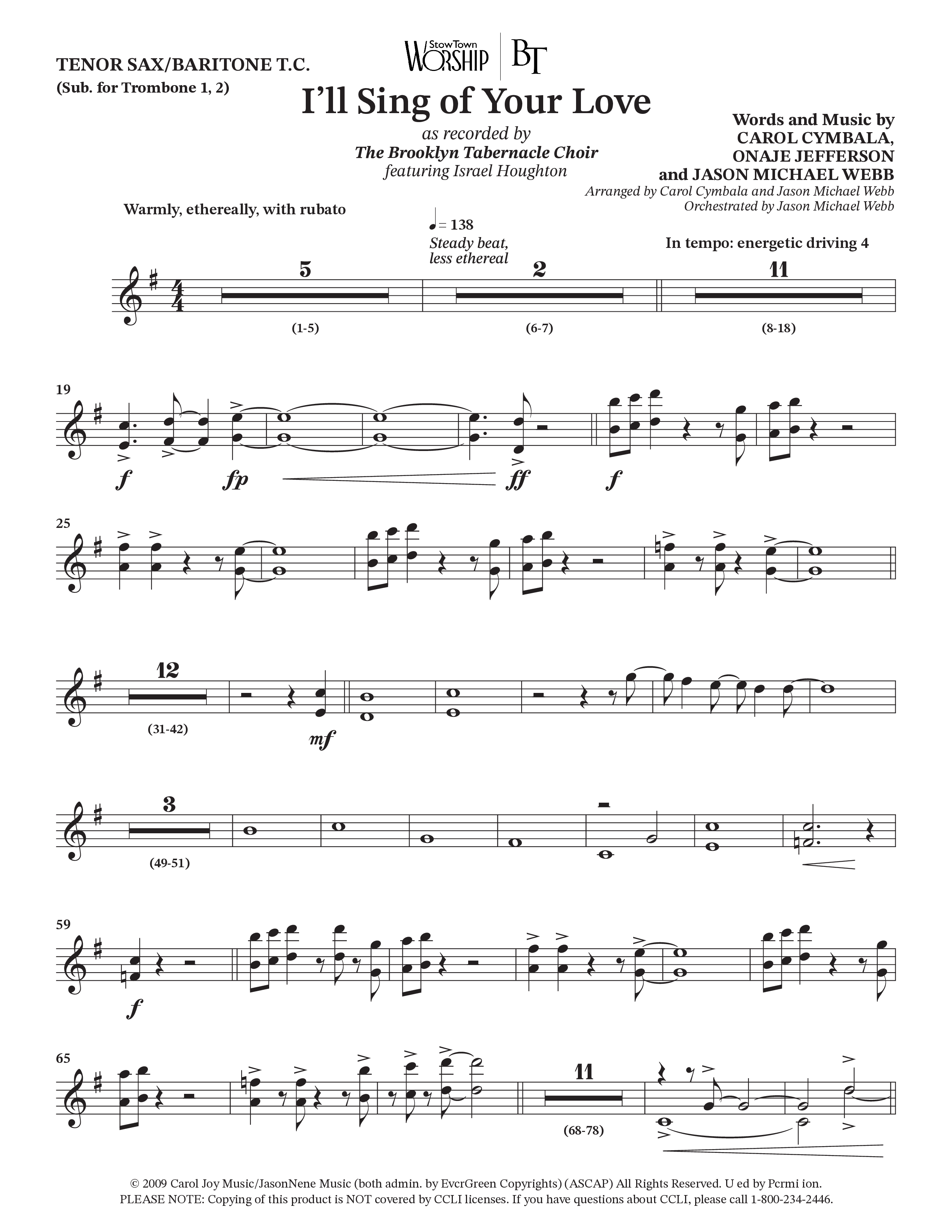I'll Sing Of Your Love (Choral Anthem SATB) Tenor Sax/Baritone T.C. (The Brooklyn Tabernacle Choir / Arr. Carol Cymbala / Orch. Jason Michael Webb)