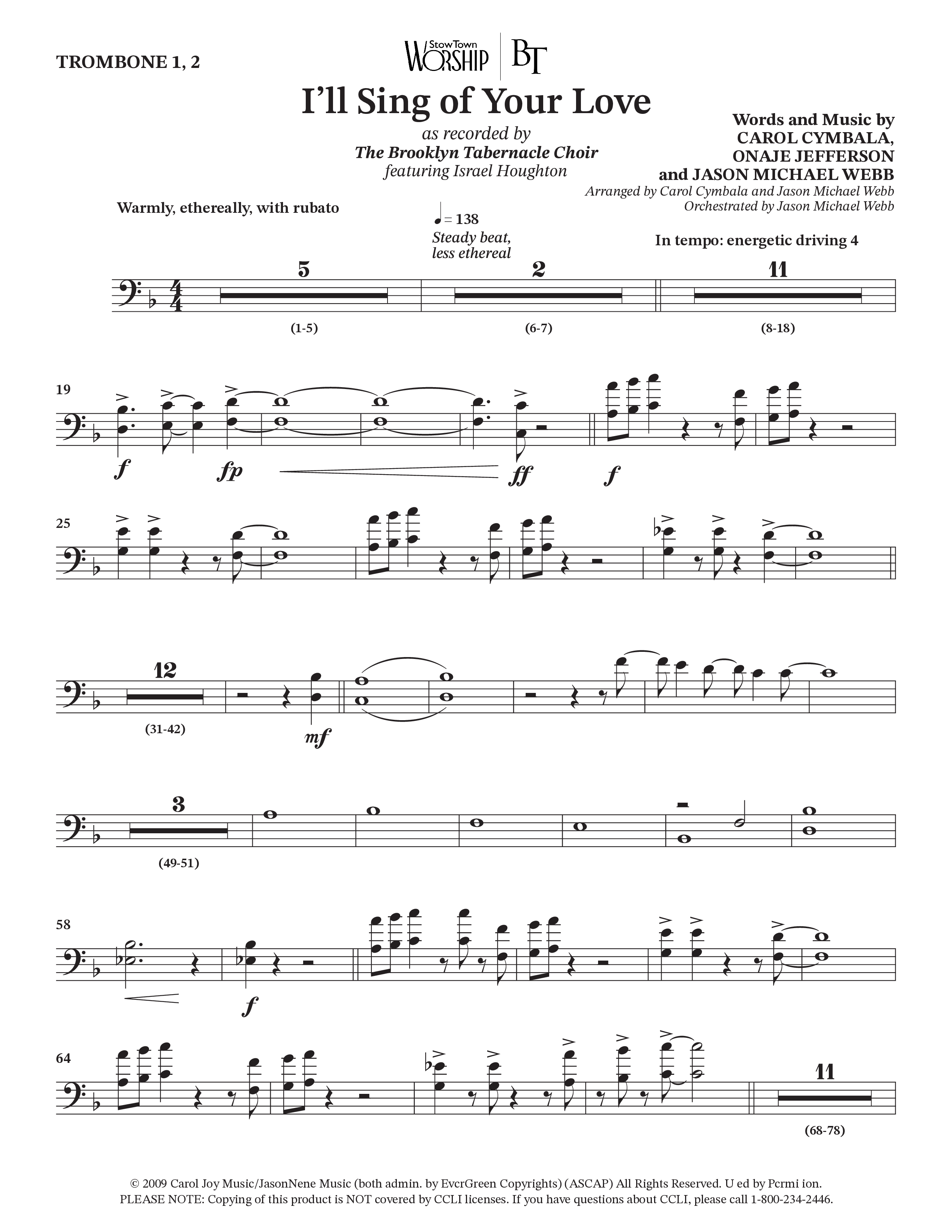 I'll Sing Of Your Love (Choral Anthem SATB) Trombone 1/2 (The Brooklyn Tabernacle Choir / Arr. Carol Cymbala / Orch. Jason Michael Webb)