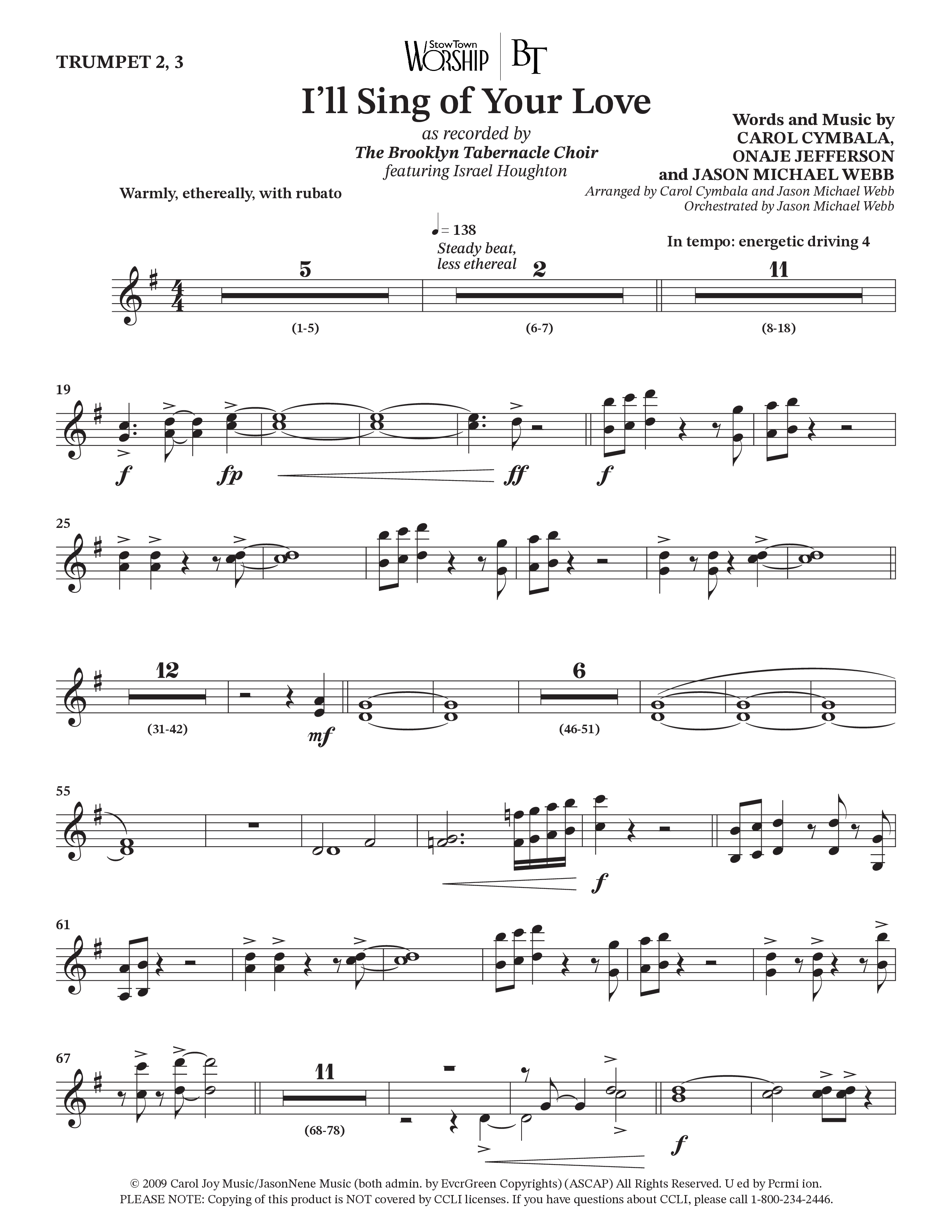 I'll Sing Of Your Love (Choral Anthem SATB) Trumpet 2/3 (The Brooklyn Tabernacle Choir / Arr. Carol Cymbala / Orch. Jason Michael Webb)