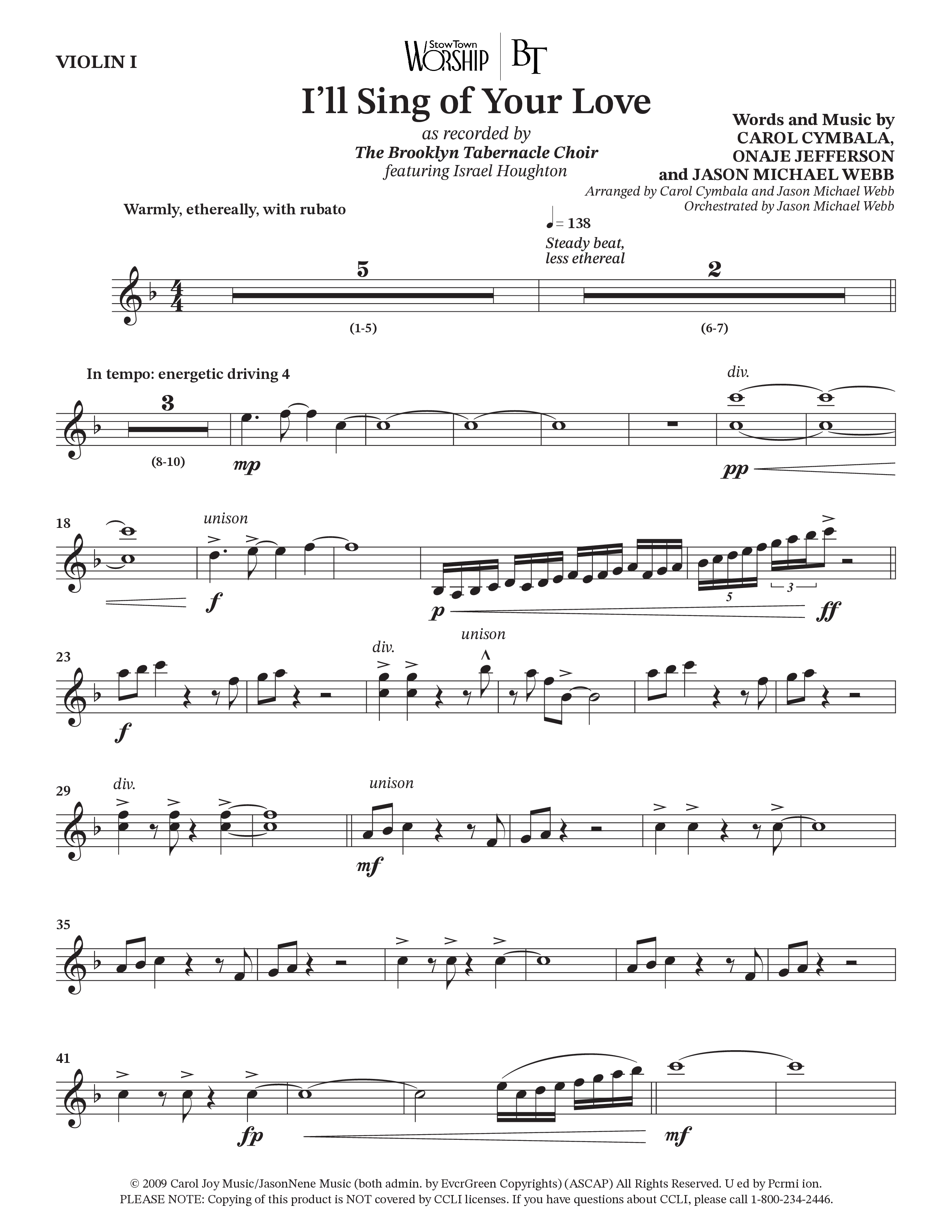 I'll Sing Of Your Love (Choral Anthem SATB) Violin 1 (The Brooklyn Tabernacle Choir / Arr. Carol Cymbala / Orch. Jason Michael Webb)
