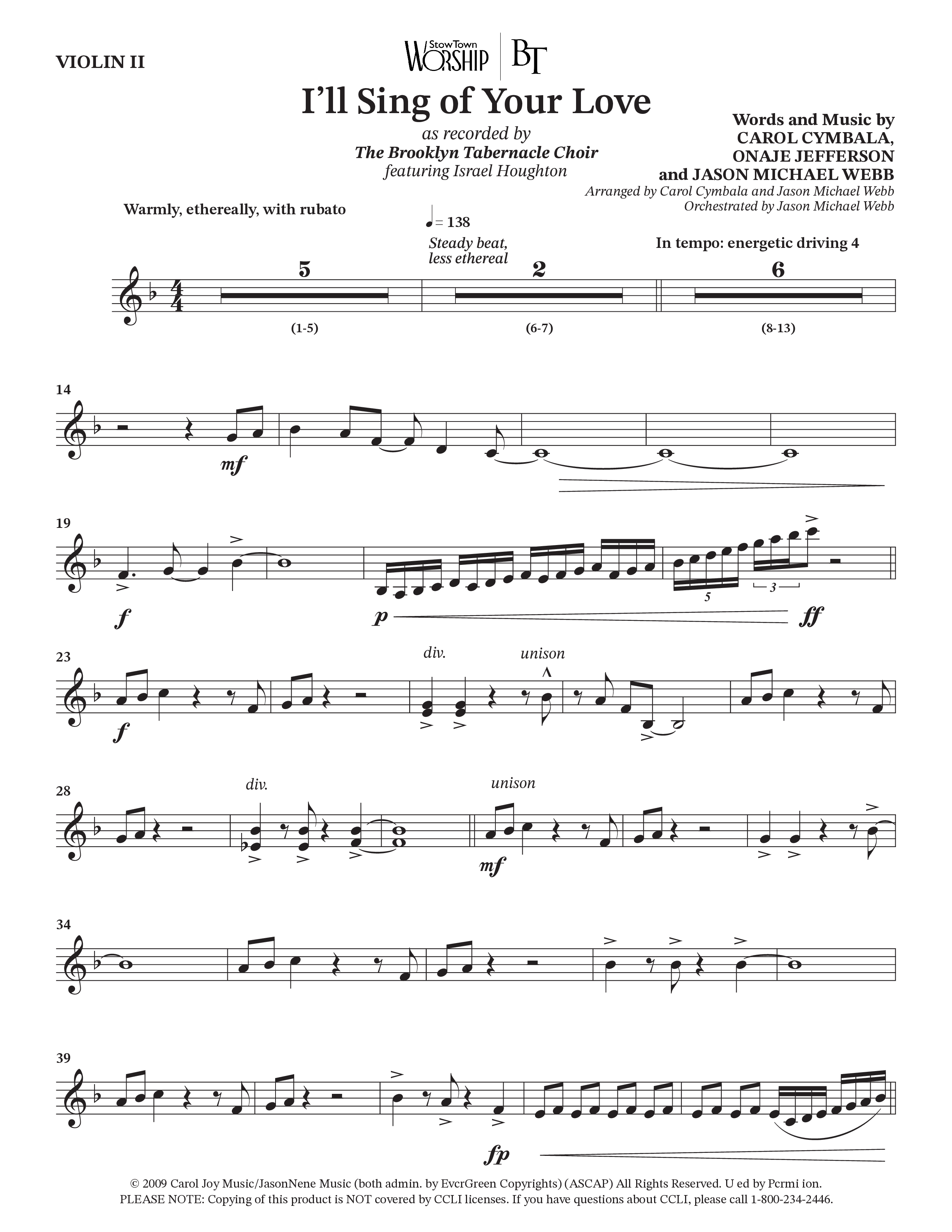 I'll Sing Of Your Love (Choral Anthem SATB) Violin 2 (The Brooklyn Tabernacle Choir / Arr. Carol Cymbala / Orch. Jason Michael Webb)