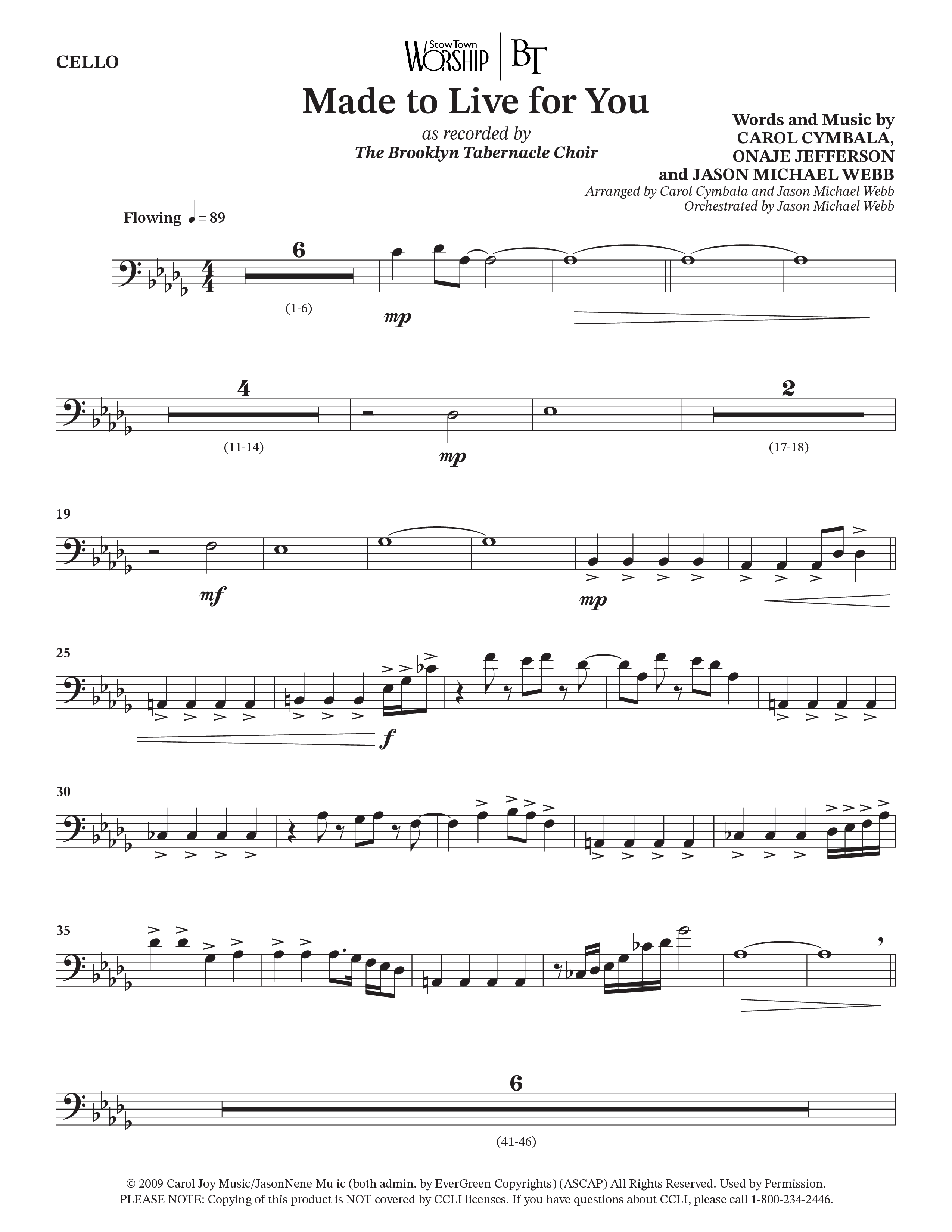 Made To Live For You (Choral Anthem SATB) Cello (The Brooklyn Tabernacle Choir / Arr. Carol Cymbala / Orch. Jason Michael Webb)