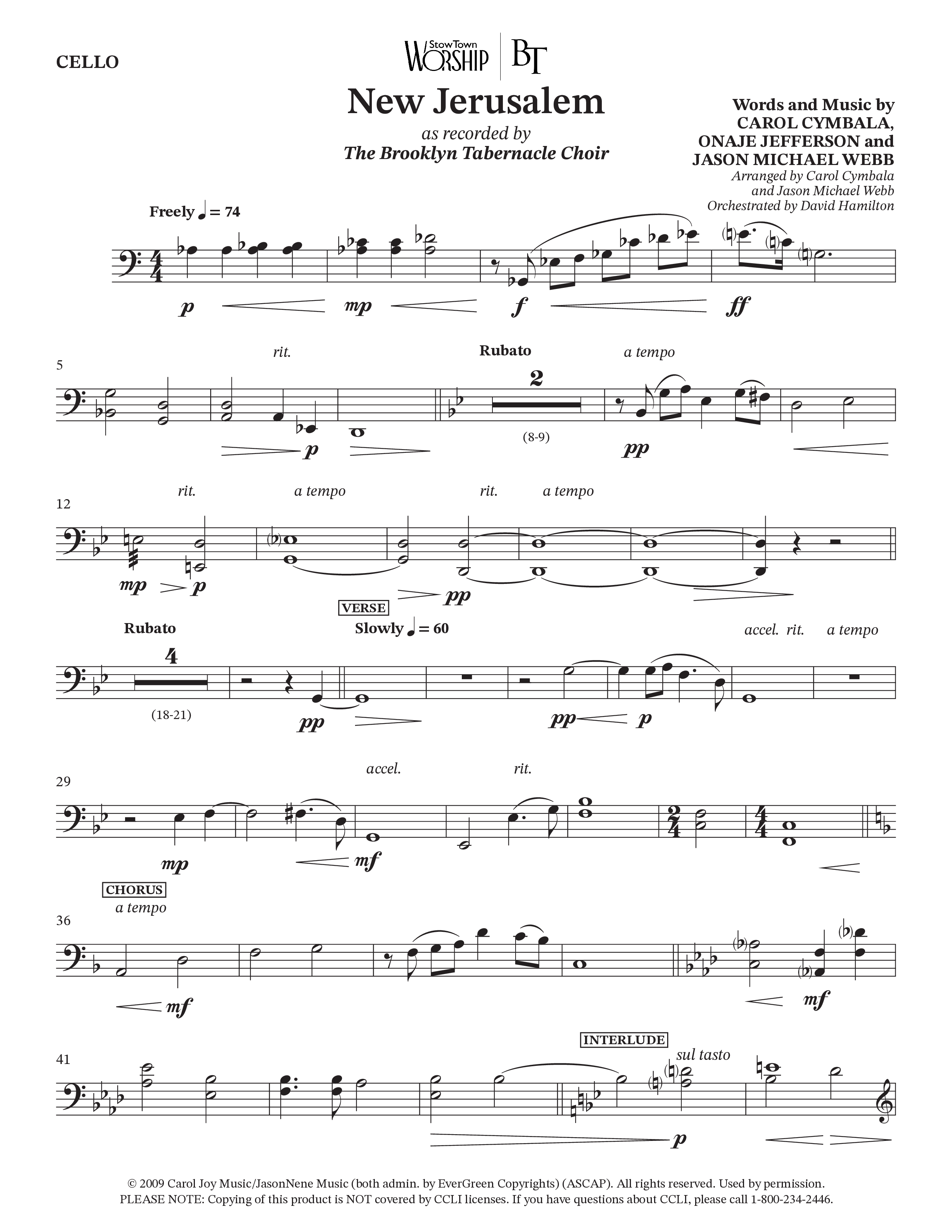 New Jerusalem (Choral Anthem SATB) Cello (The Brooklyn Tabernacle Choir / Arr. Carol Cymbala / Arr. Jason Webb / Orch. David Hamilton)