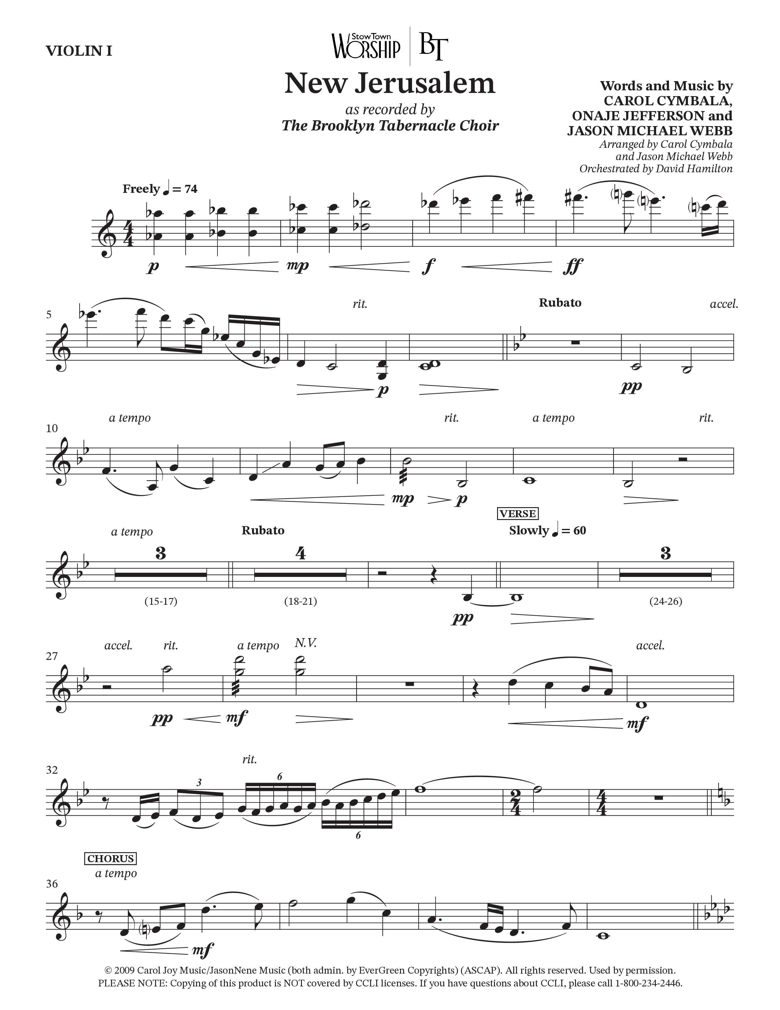 New Jerusalem (Choral Anthem SATB) Violin 1 (The Brooklyn Tabernacle Choir / Arr. Carol Cymbala / Arr. Jason Webb / Orch. David Hamilton)