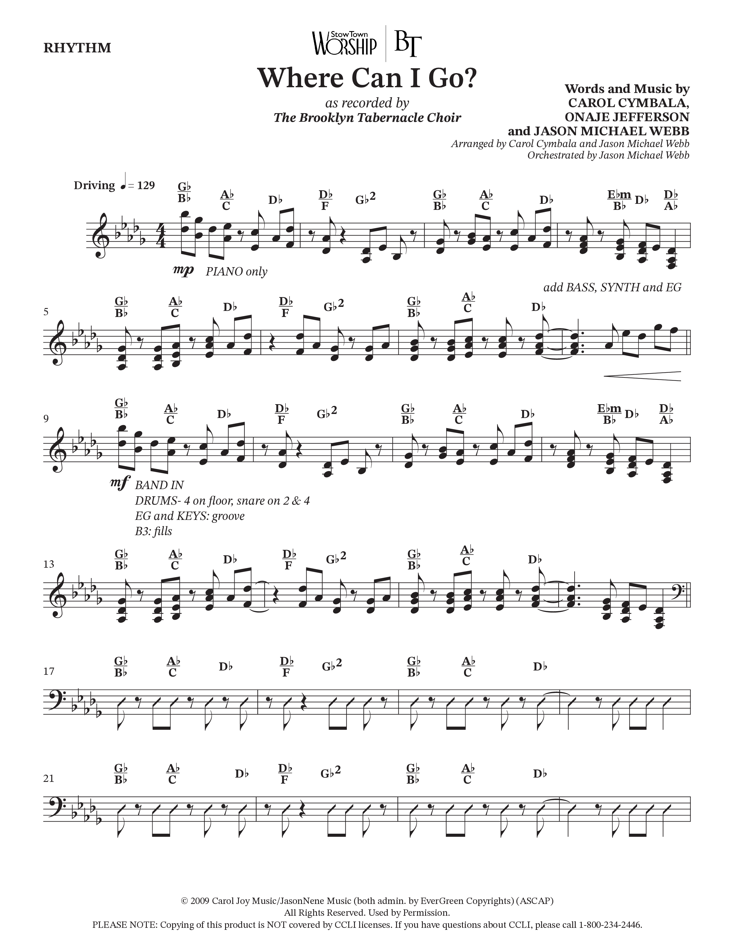 Where Can I Go (Choral Anthem SATB) Rhythm Chart (The Brooklyn Tabernacle Choir / Arr. Carol Cymbala / Orch. Jason Michael Webb)