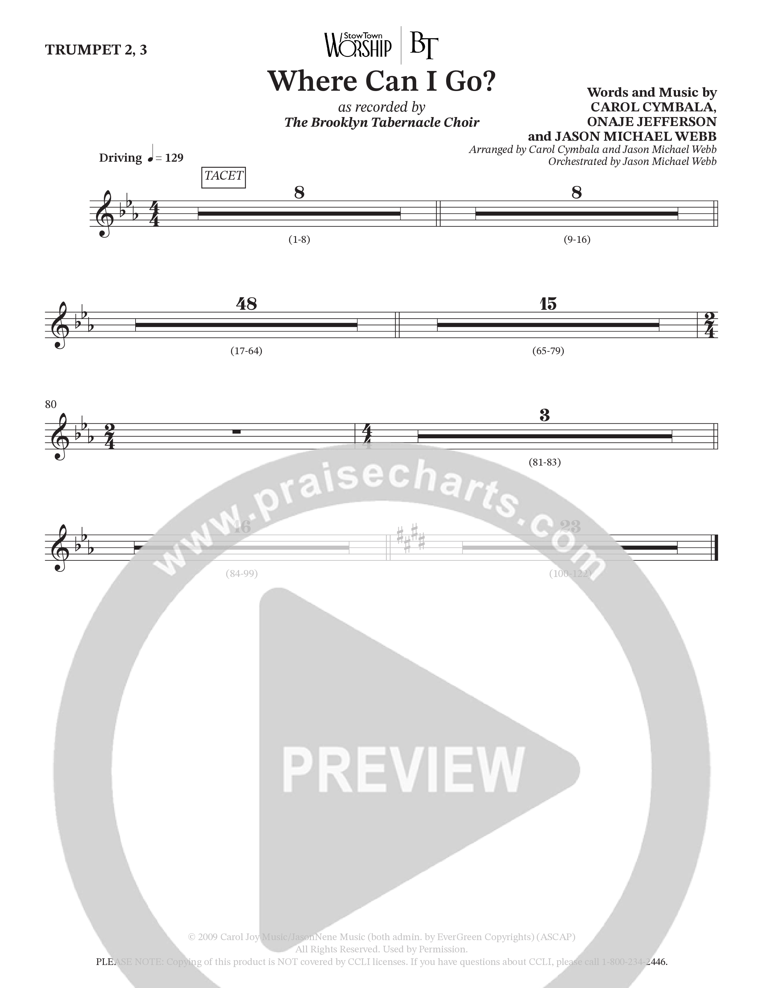 Where Can I Go (Choral Anthem SATB) Trumpet 2/3 (The Brooklyn Tabernacle Choir / Arr. Carol Cymbala / Orch. Jason Michael Webb)