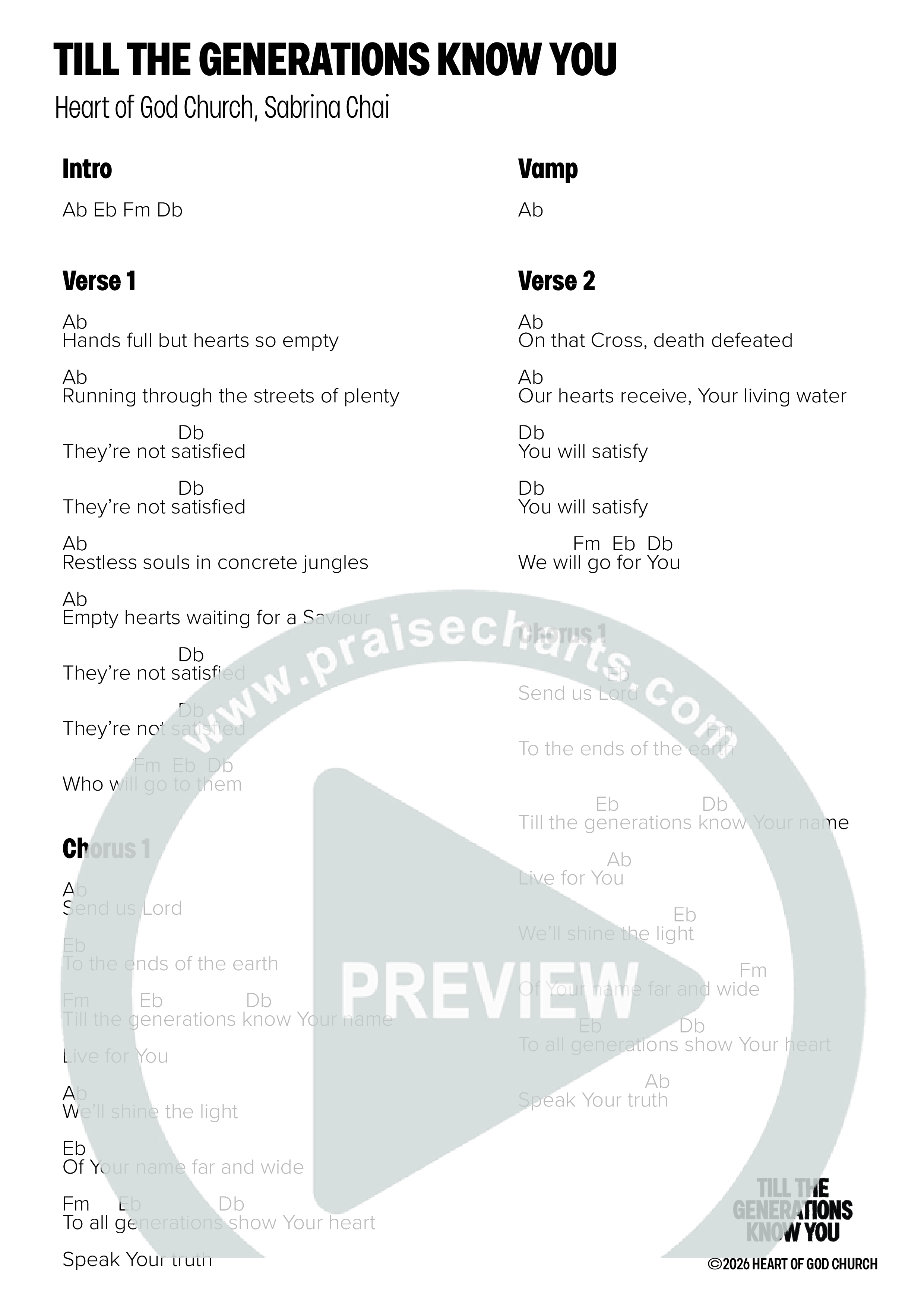 Till the Generations Know You (Live) Chord Chart (Heart of God Church / Sabrina Chai)