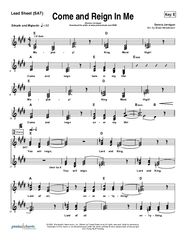 Come And Reign In Me Lead Sheet (Dennis Jernigan)