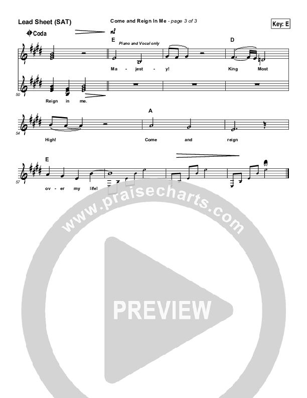 Come And Reign In Me Lead Sheet (SAT) (Dennis Jernigan)