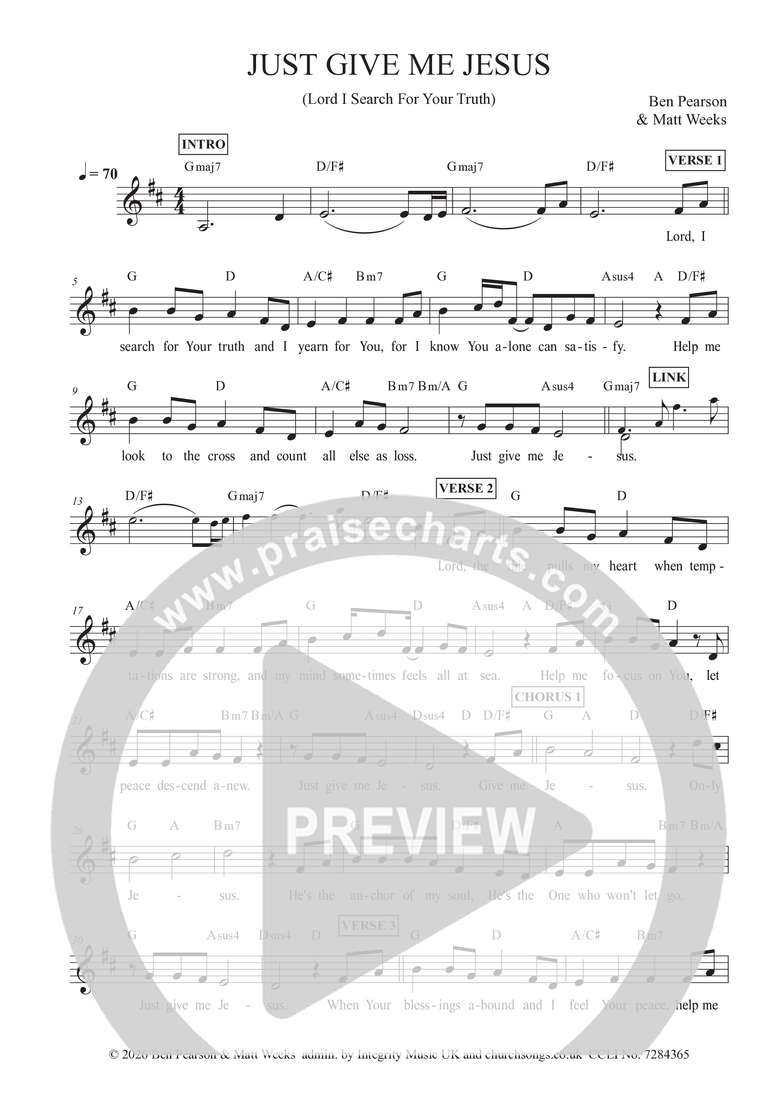 Just Give Me Jesus Lead Sheet Melody (Ben Pearson)