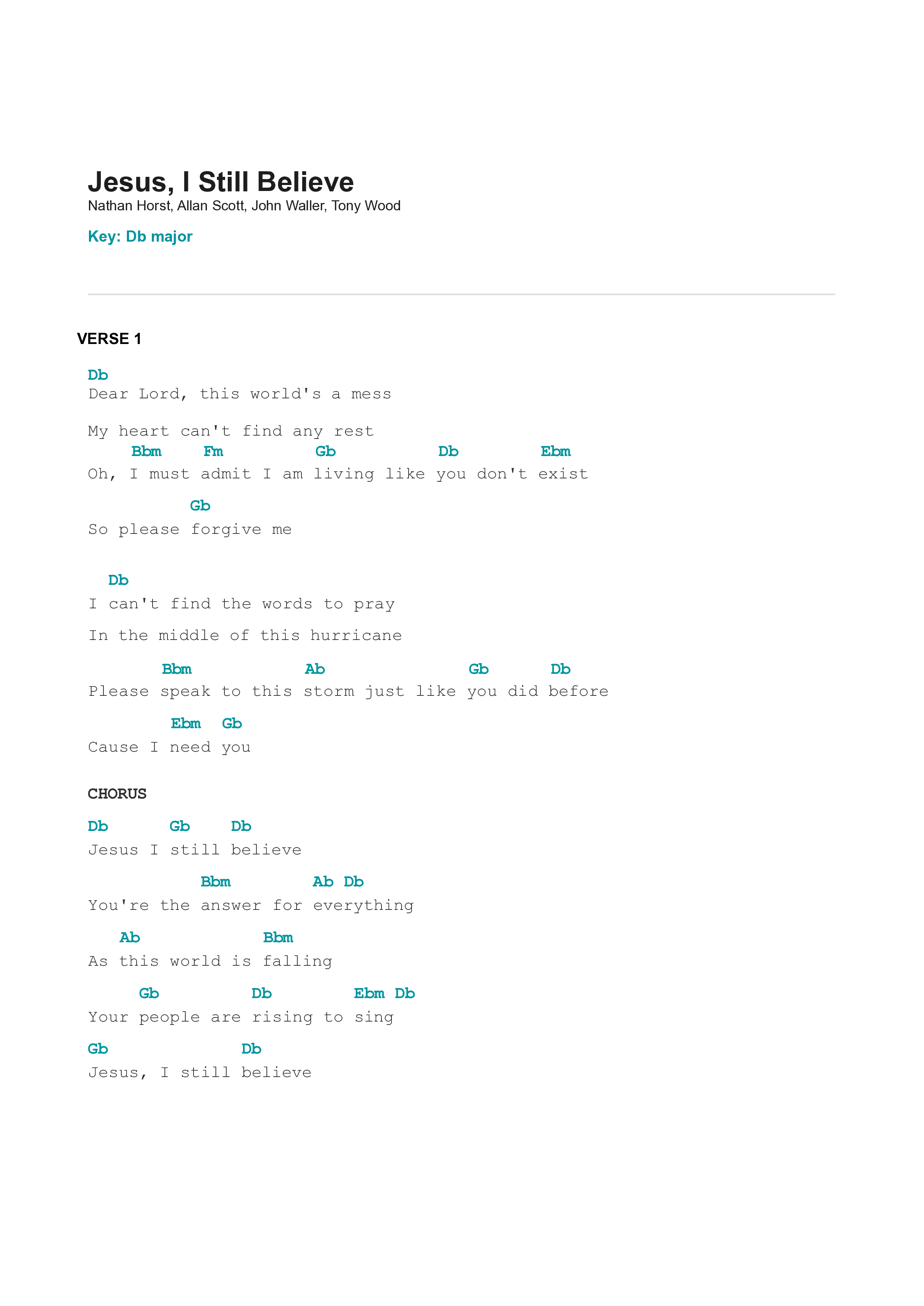 Jesus, I Still Believe Chord Chart (Allan Scott / John Waller)