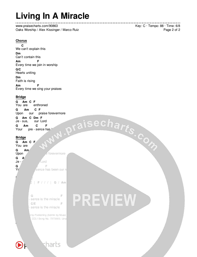 Living In A Miracle Chord Chart (Oaks Worship / Alex Kissinger / Marco Ruiz)