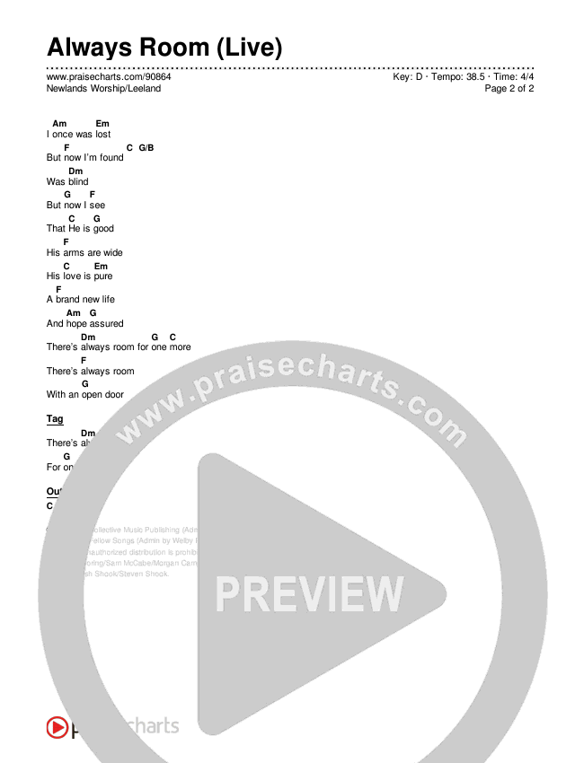 Always Room (Live) Chord Chart (Newlands Worship / Leeland)