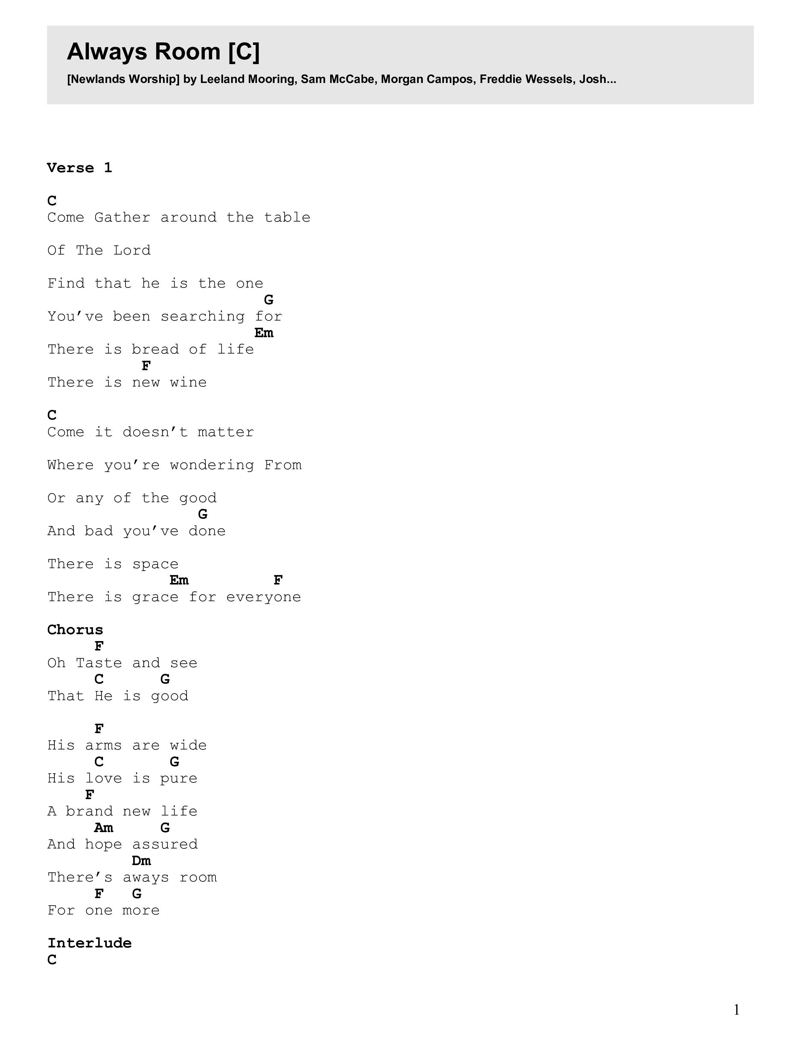 Always Room (Live) Chord Chart (Newlands Worship / Leeland)