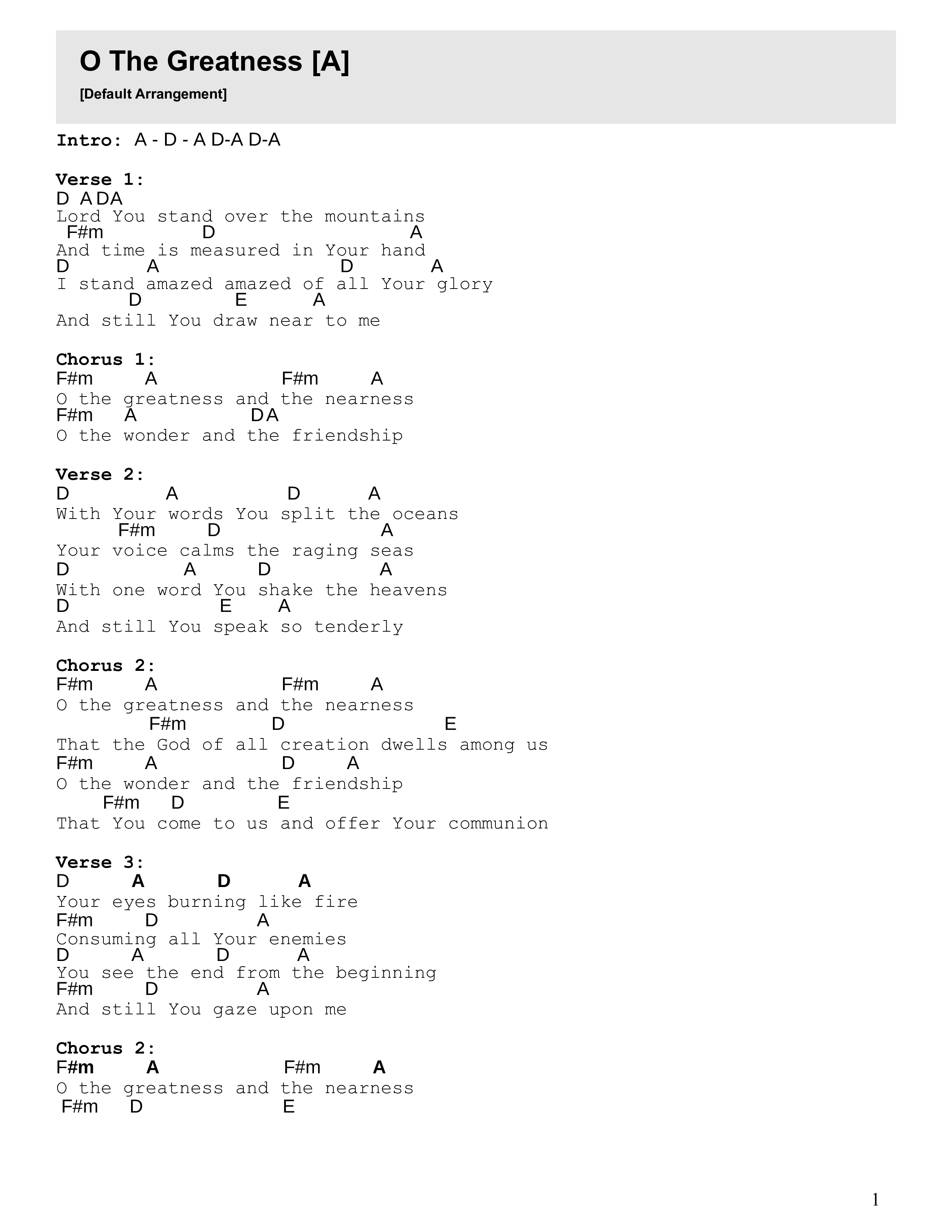O The Greatness Chord Chart (David Willis / Matt Coss)