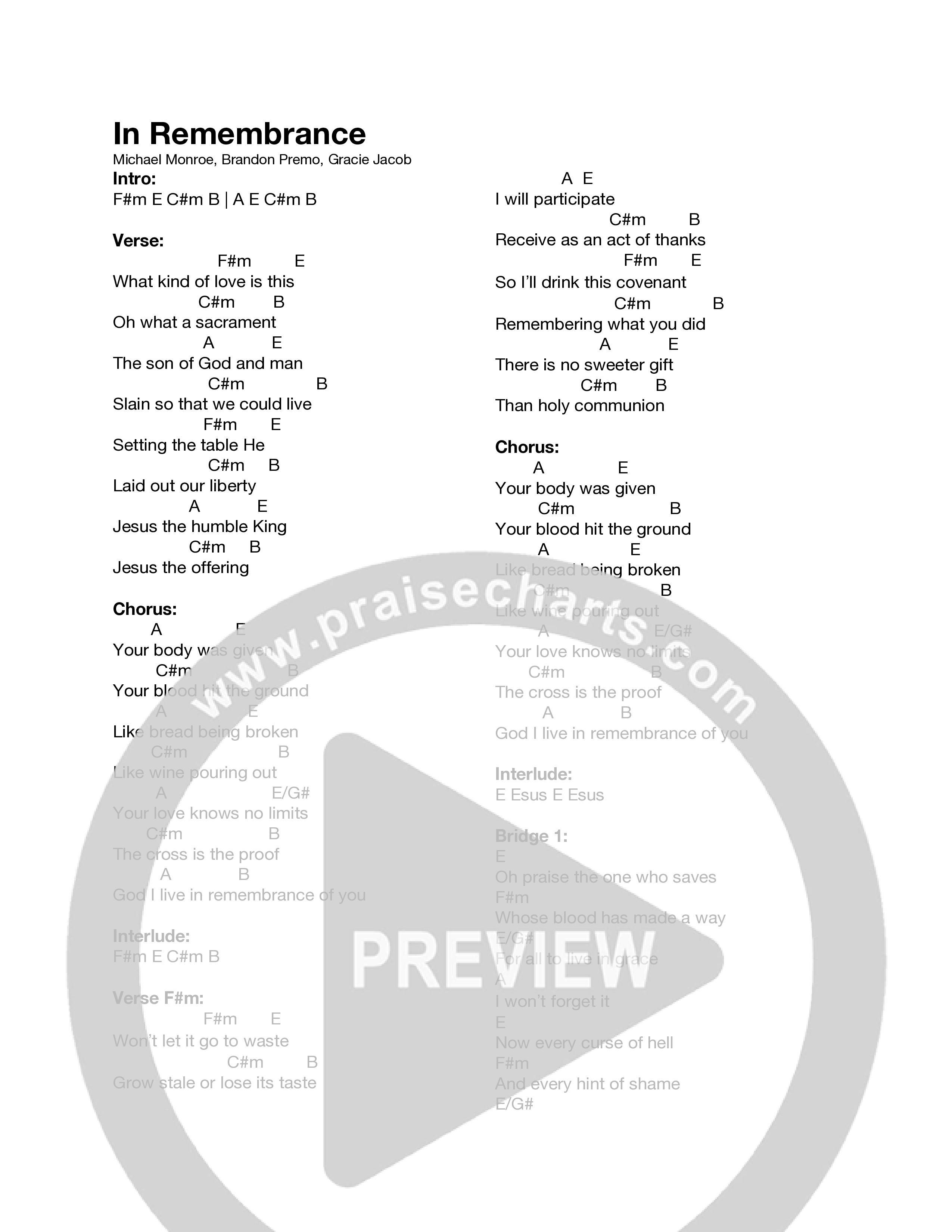 In Remembrance Chord Chart (Canyon Hills Worship)