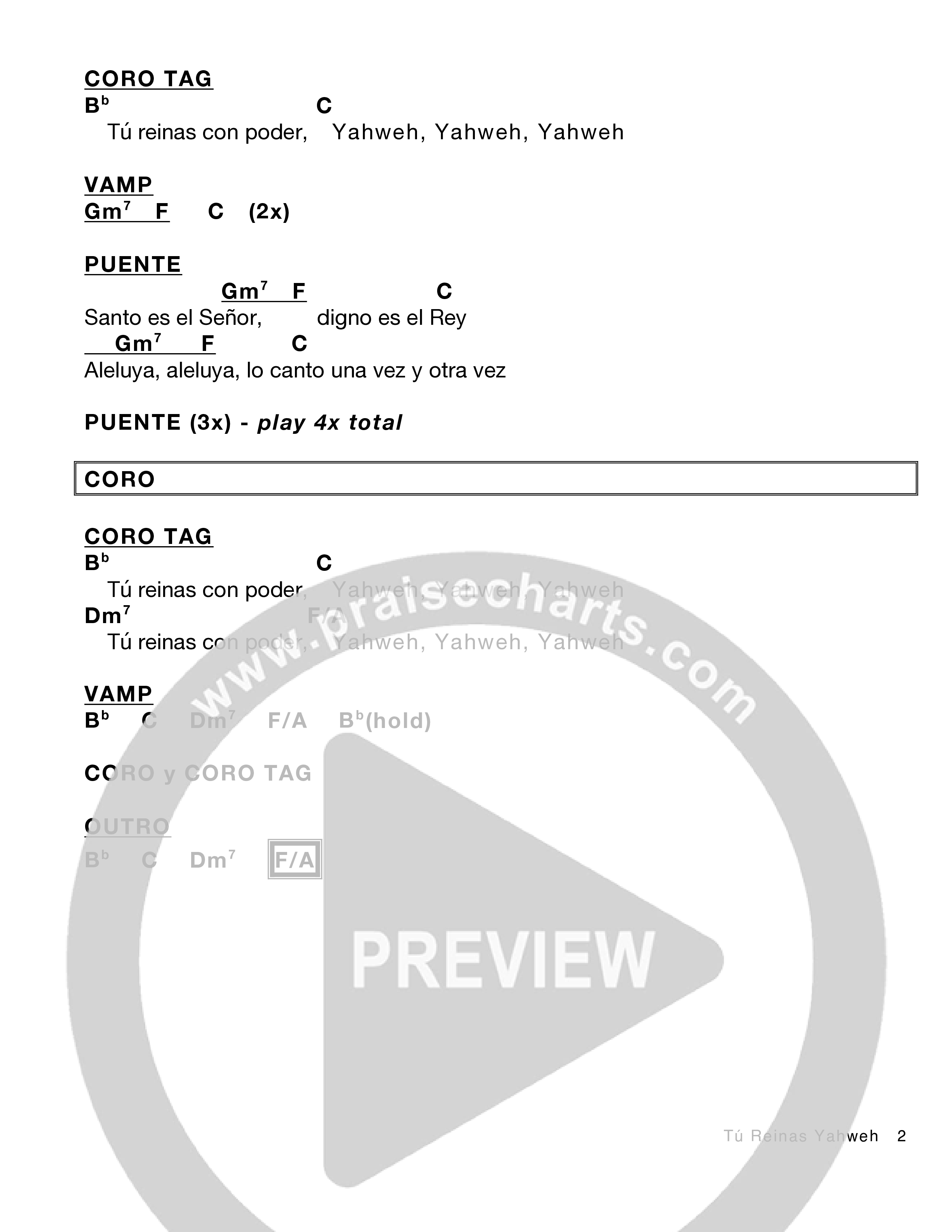 Tú Reinas Yahweh Chord Chart (Victory House Worship)
