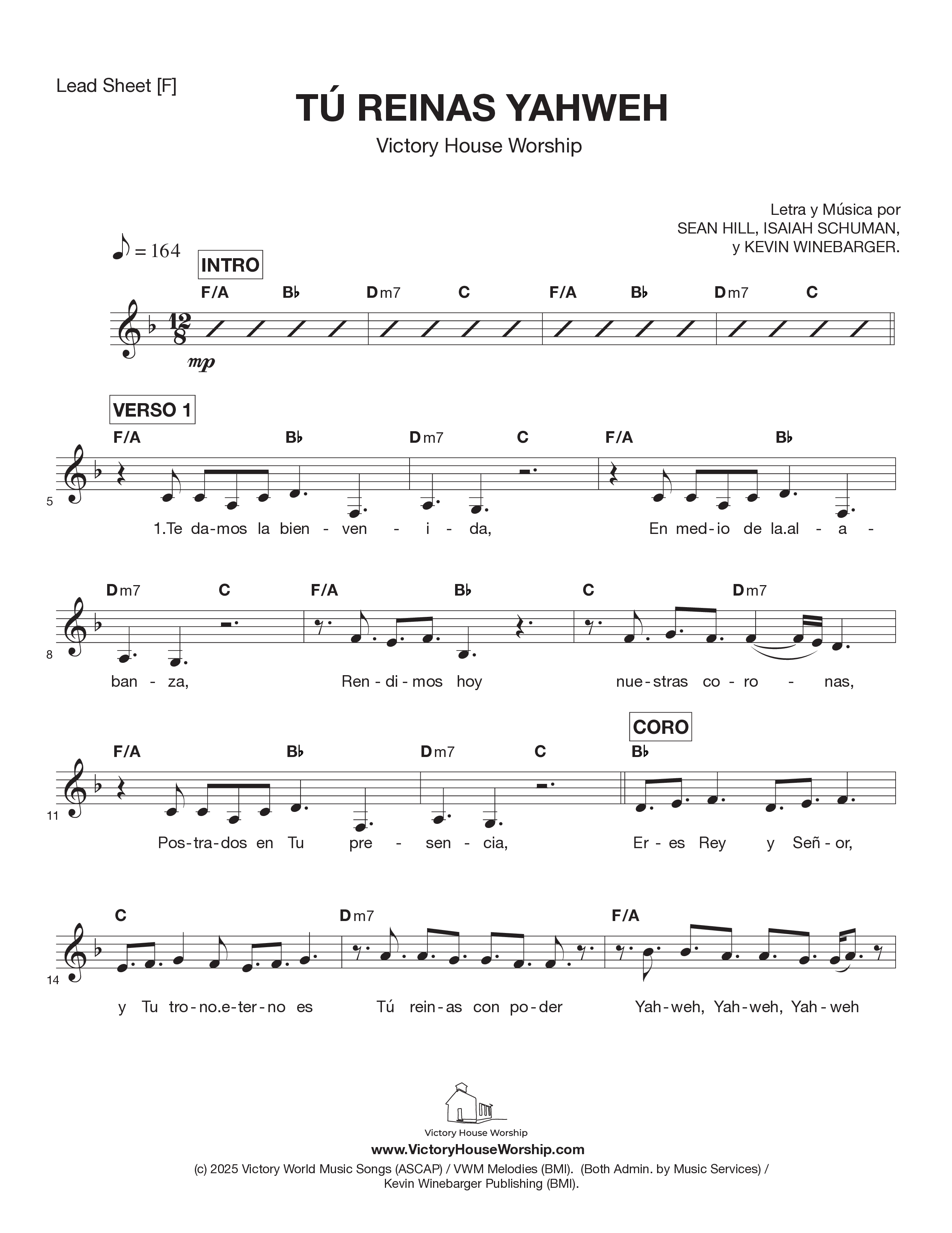Tú Reinas Yahweh Lead Sheet Melody (Victory House Worship)