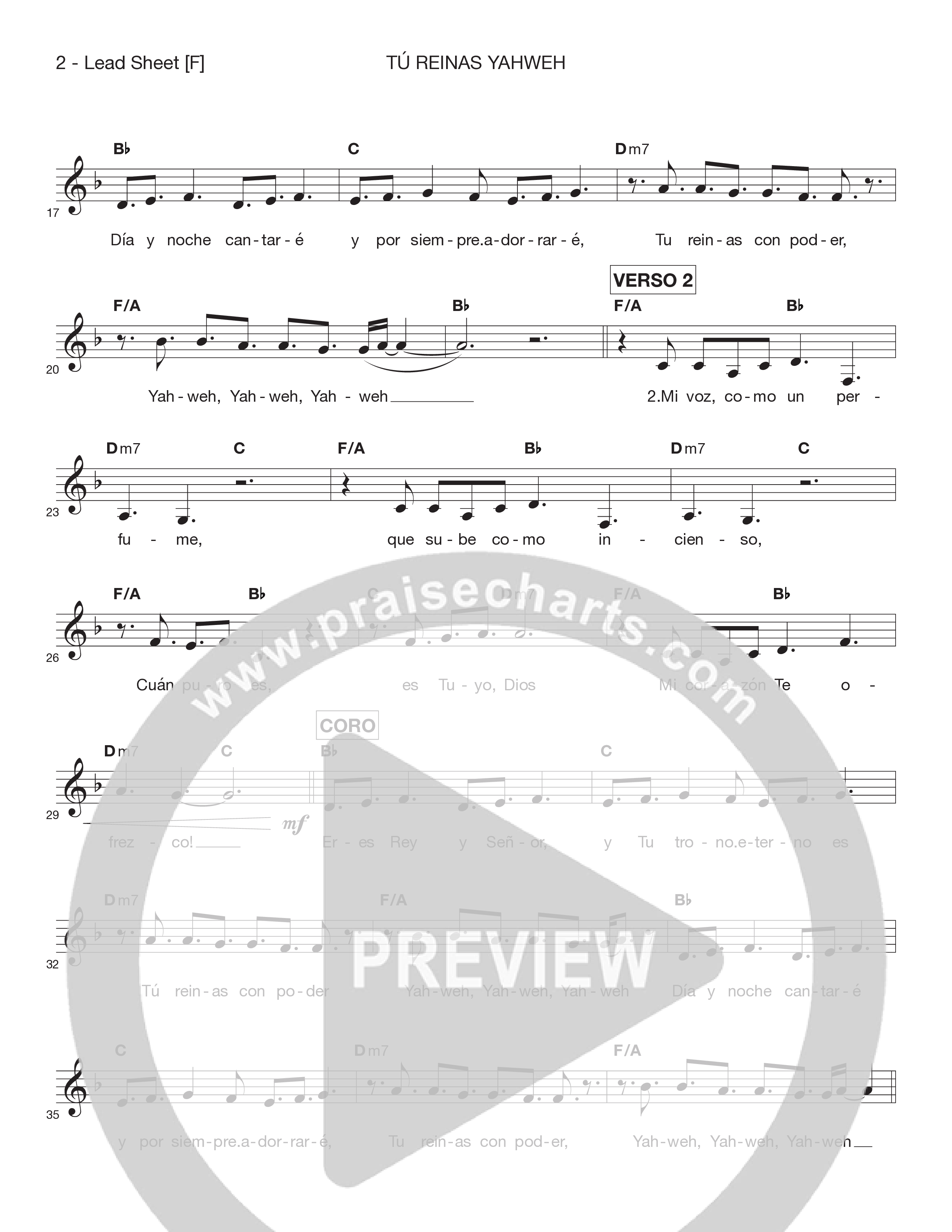 Tú Reinas Yahweh Lead Sheet Melody (Victory House Worship)