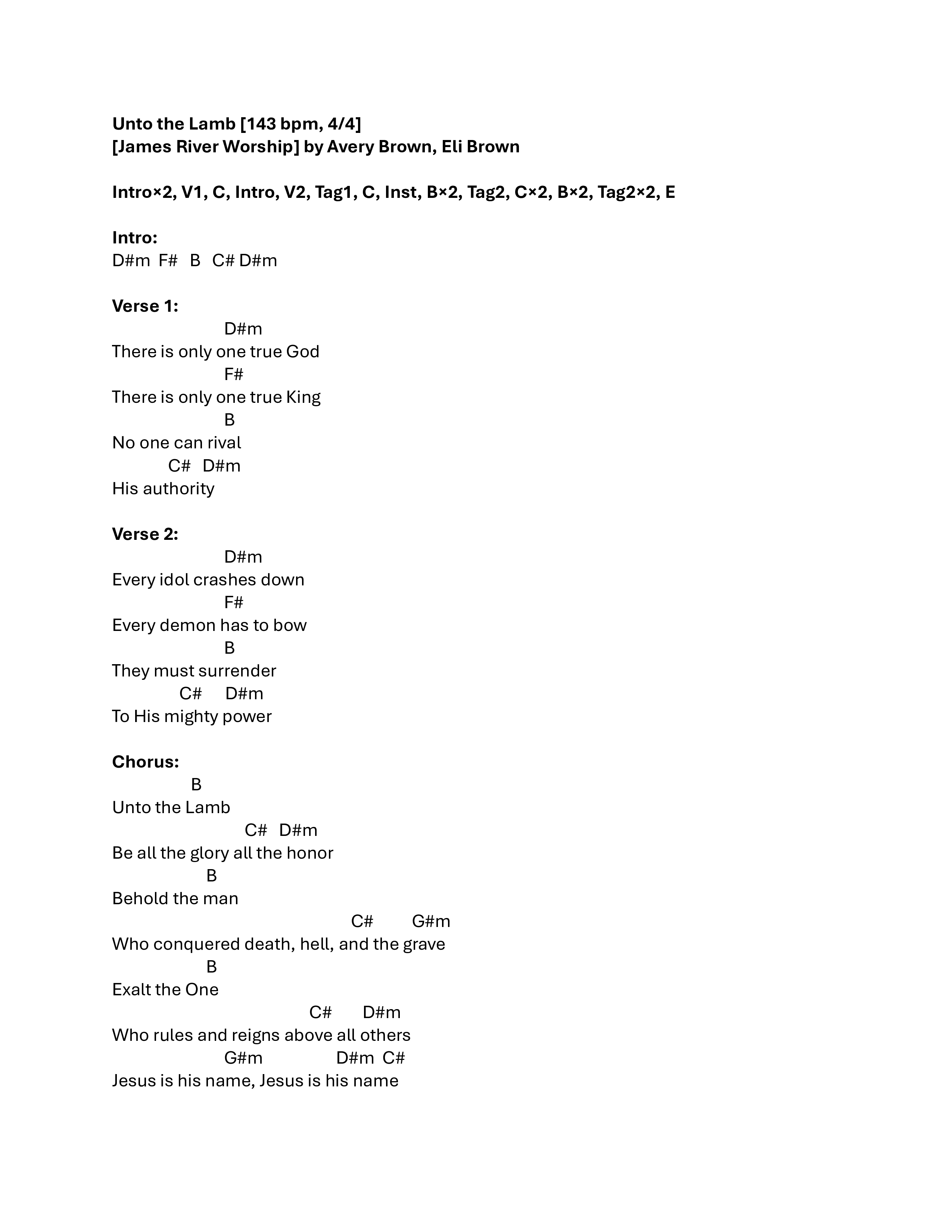 Unto The Lamb Chord Chart (James River Worship)