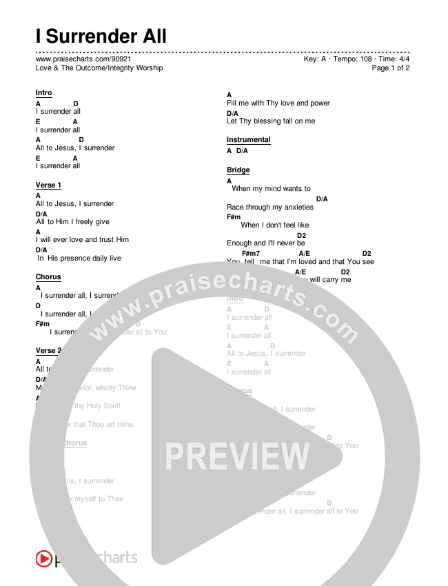 I Surrender All Chord Chart (Love & The Outcome / Integrity Worship)