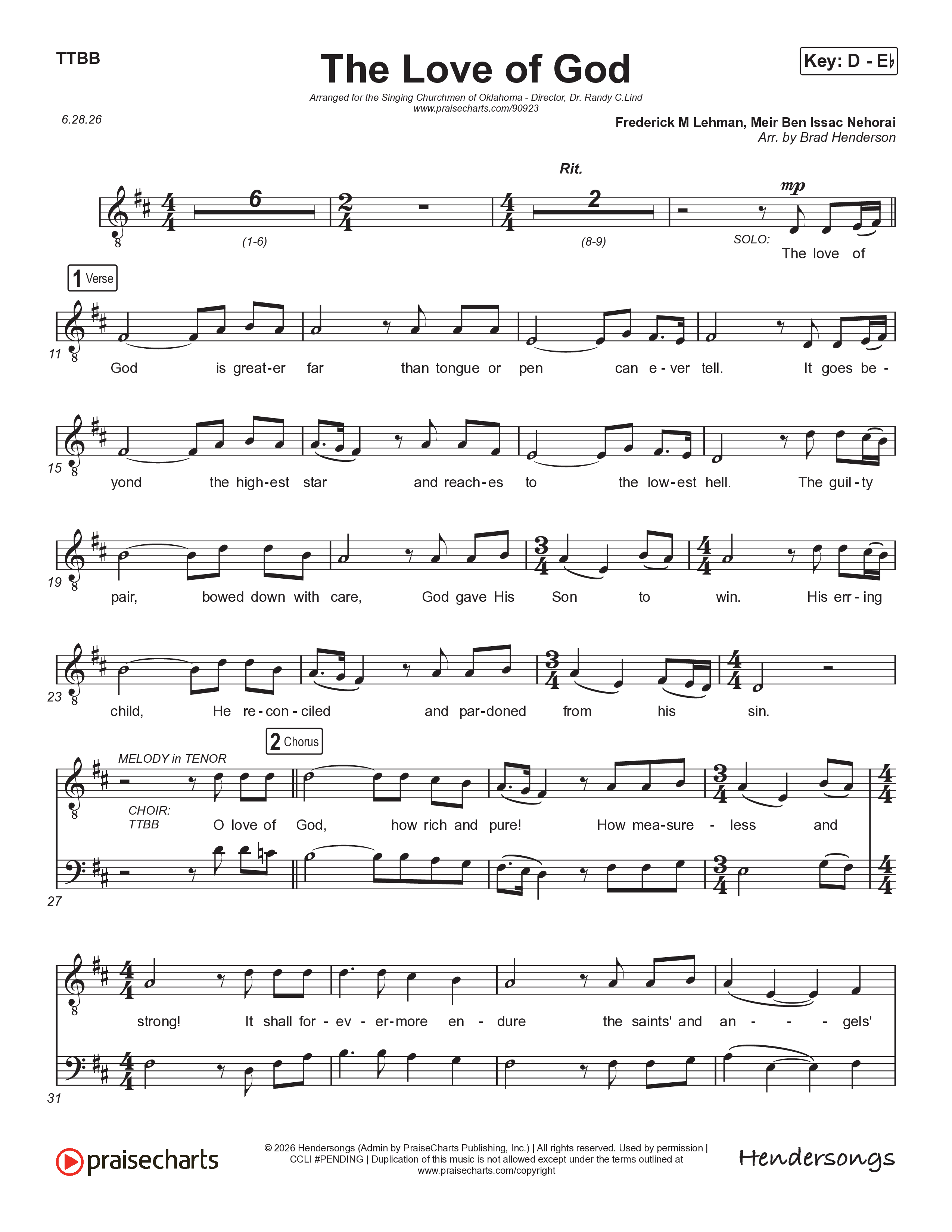 The Love Of God (Choral Anthem) Choir Sheet (TTBB) (Brad Henderson)