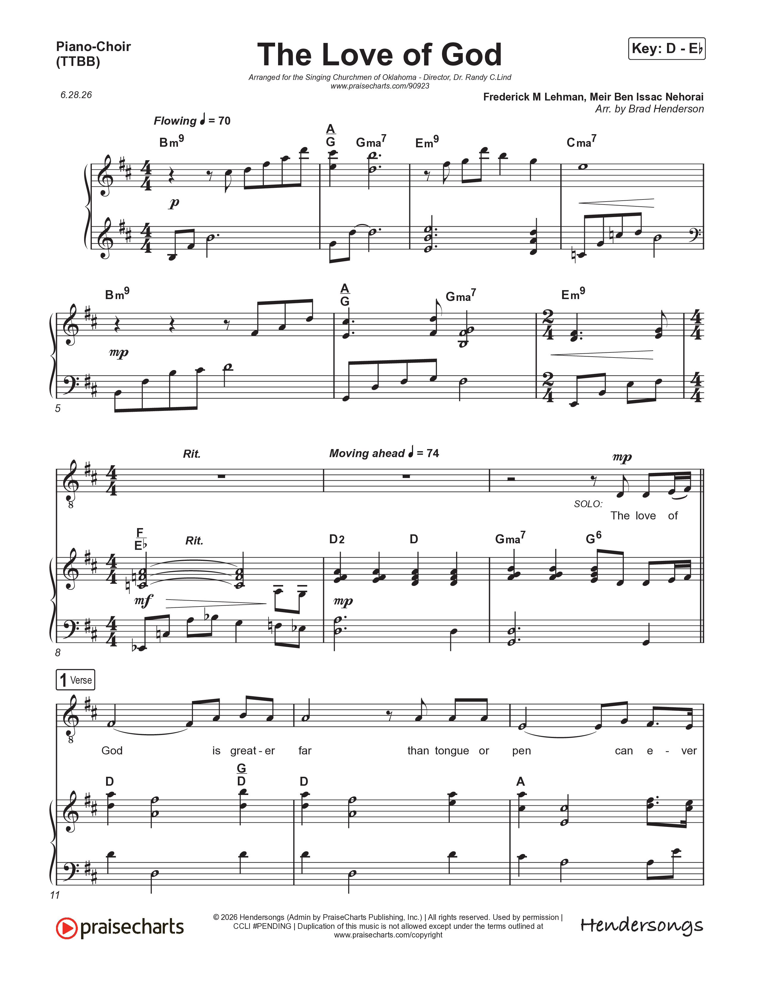 The Love Of God (Choral Anthem) Piano/Vocal (Brad Henderson)