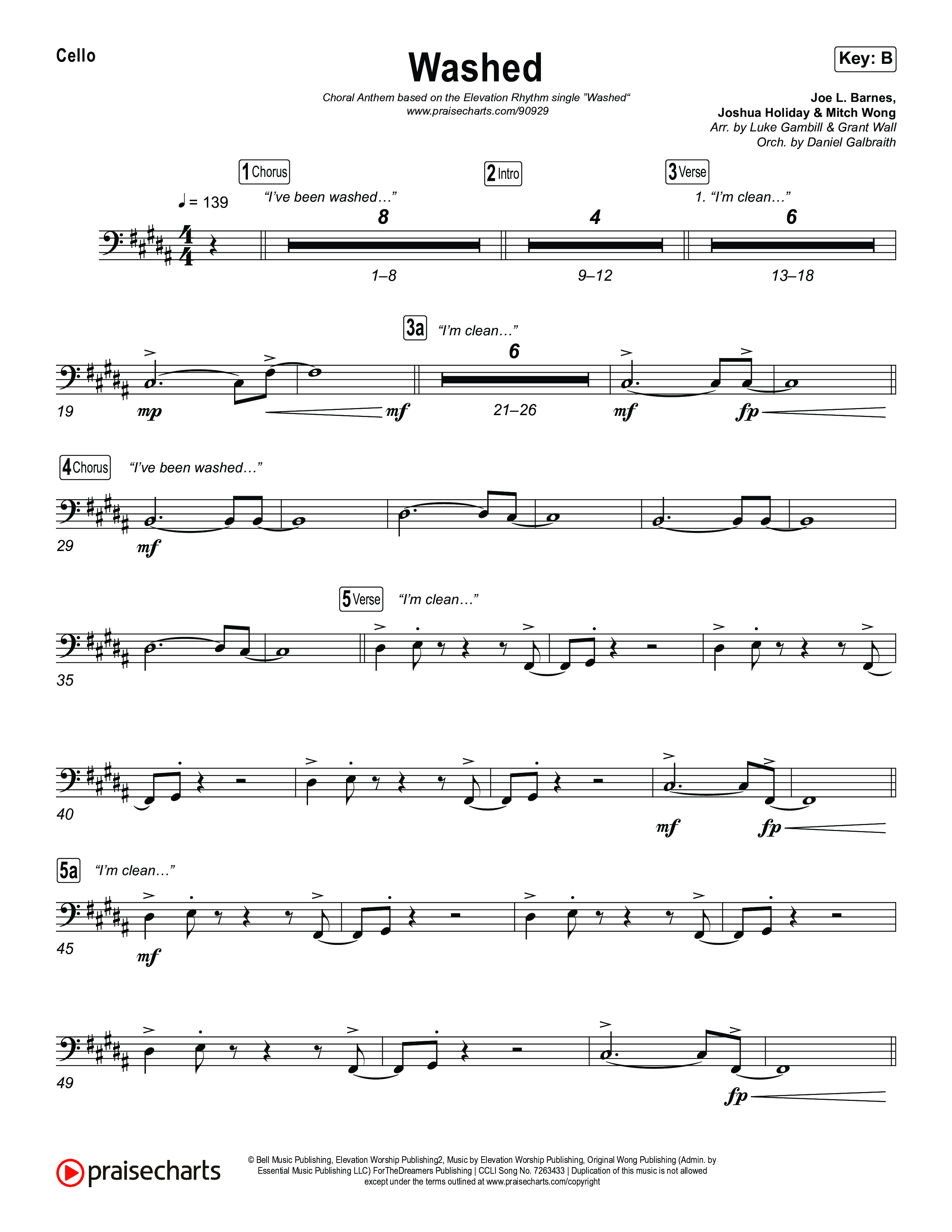 Washed (Choral Anthem SATB) Cello (ELEVATION RHYTHM / Arr. Luke Gambill)