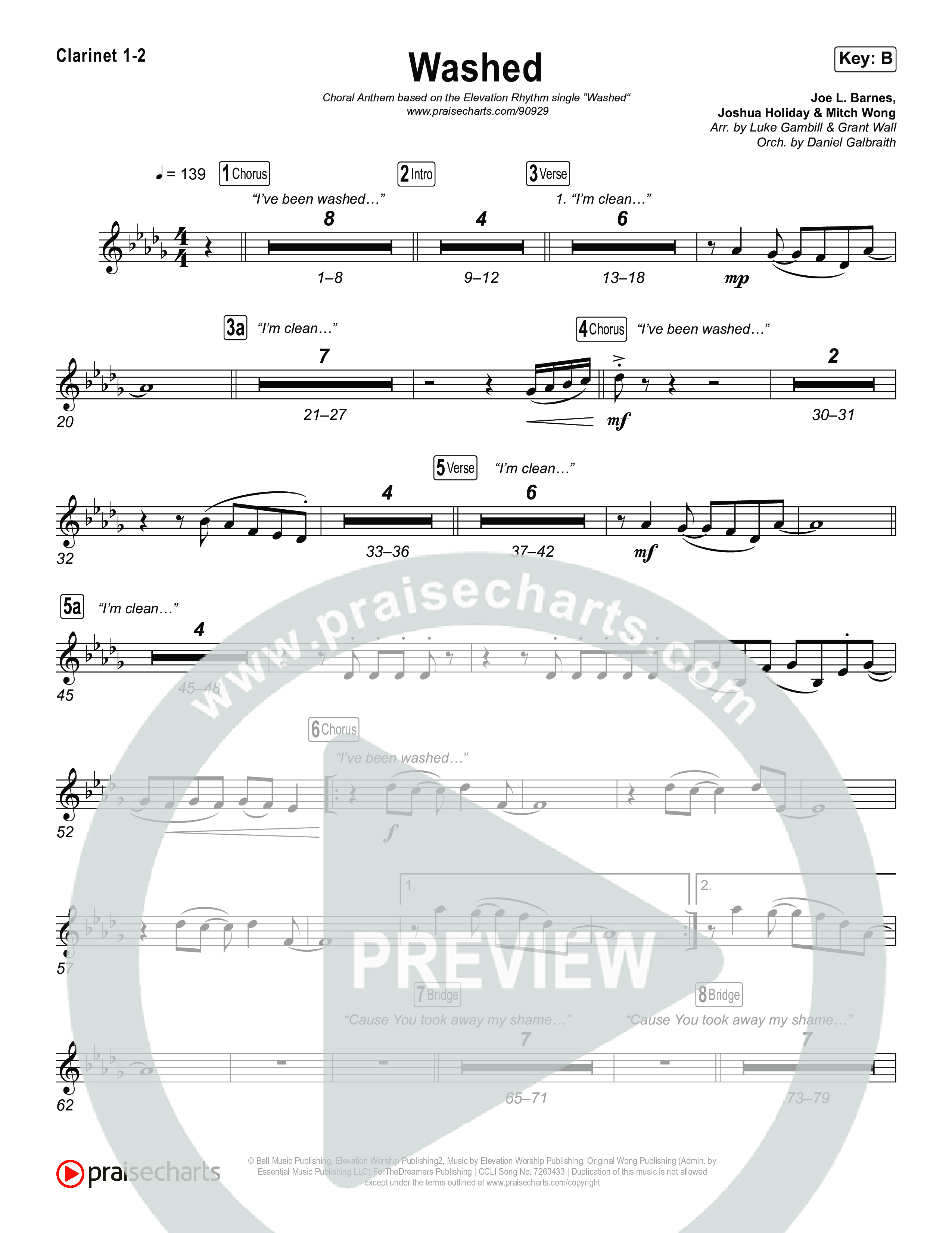 Washed (Choral Anthem SATB) Clarinet 1,2 (ELEVATION RHYTHM / Arr. Luke Gambill)