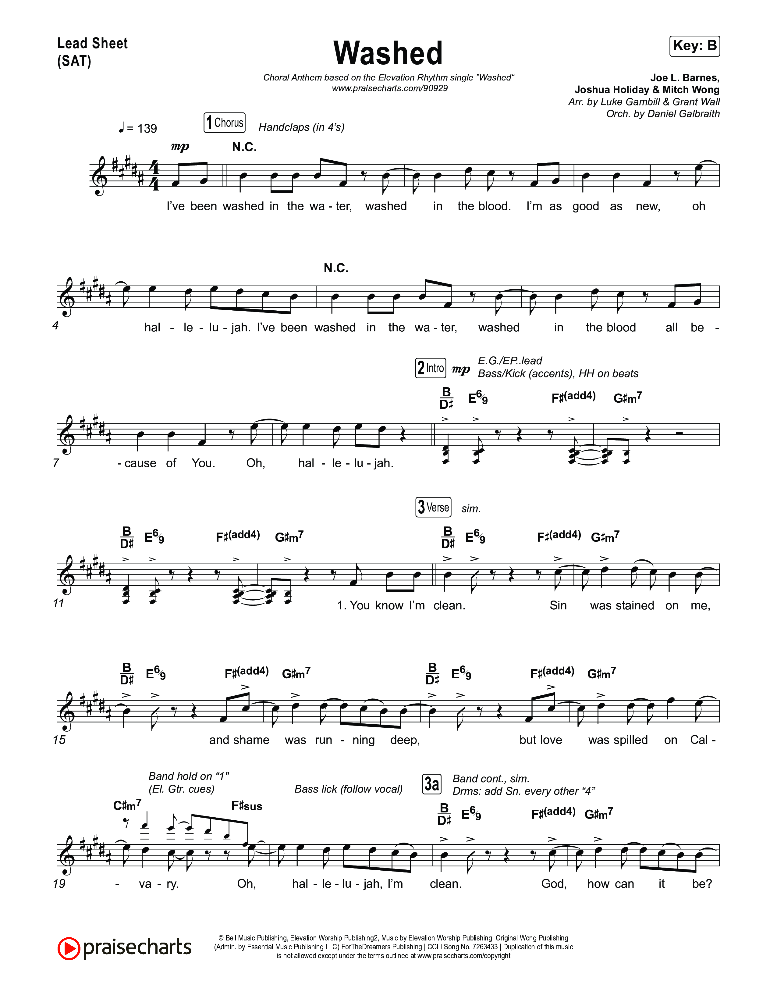 Washed (Choral Anthem SATB) Lead Sheet (SAT) (ELEVATION RHYTHM / Arr. Luke Gambill)