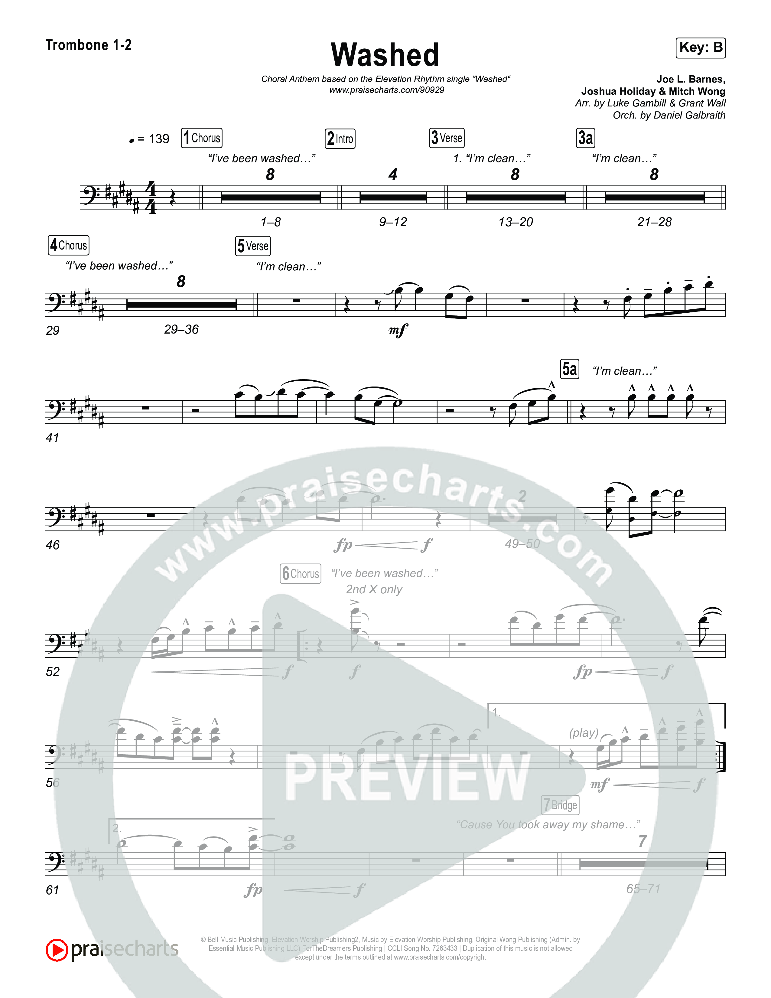 Washed (Choral Anthem SATB) Trombone 1,2 (ELEVATION RHYTHM / Arr. Luke Gambill)