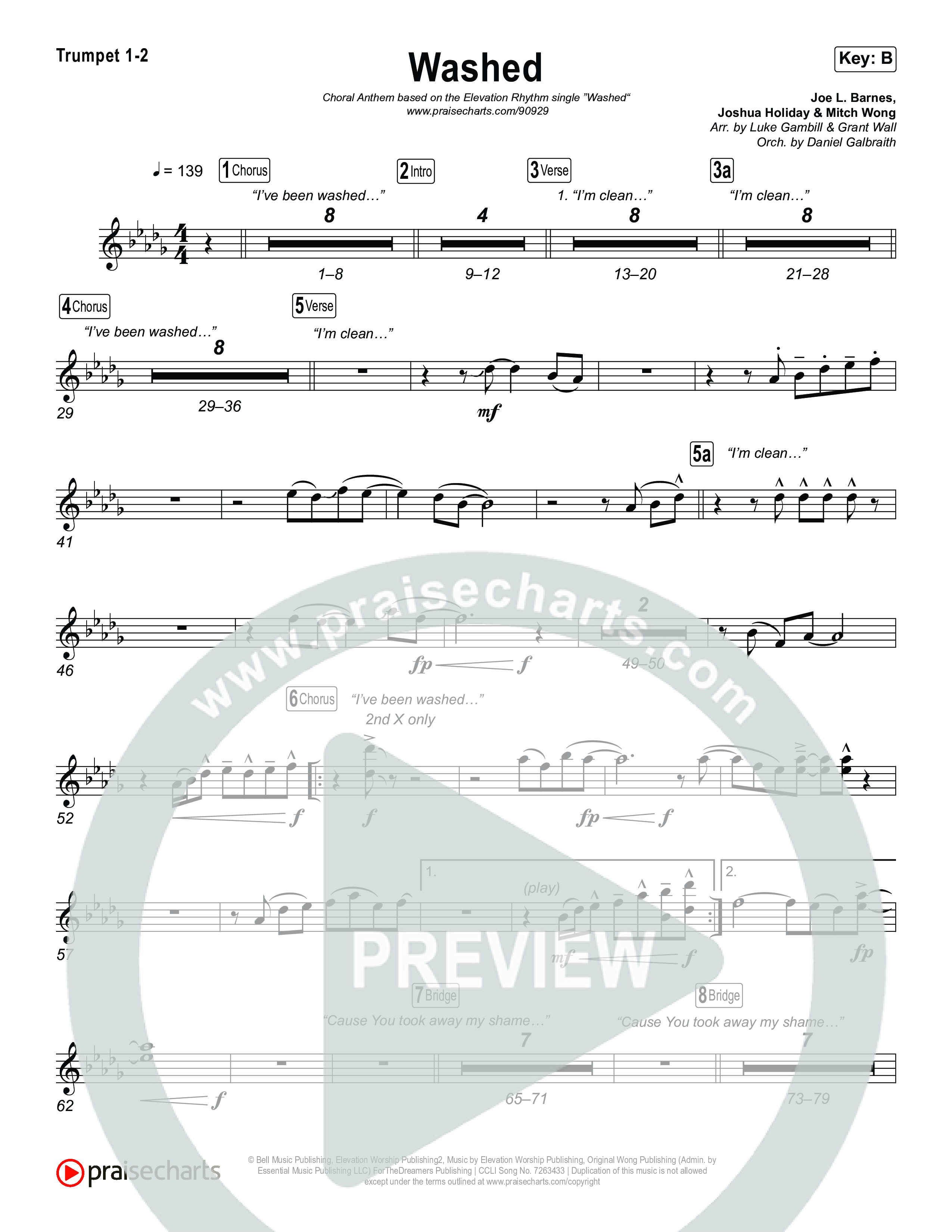 Washed (Choral Anthem SATB) Trumpet 1,2 (ELEVATION RHYTHM / Arr. Luke Gambill)