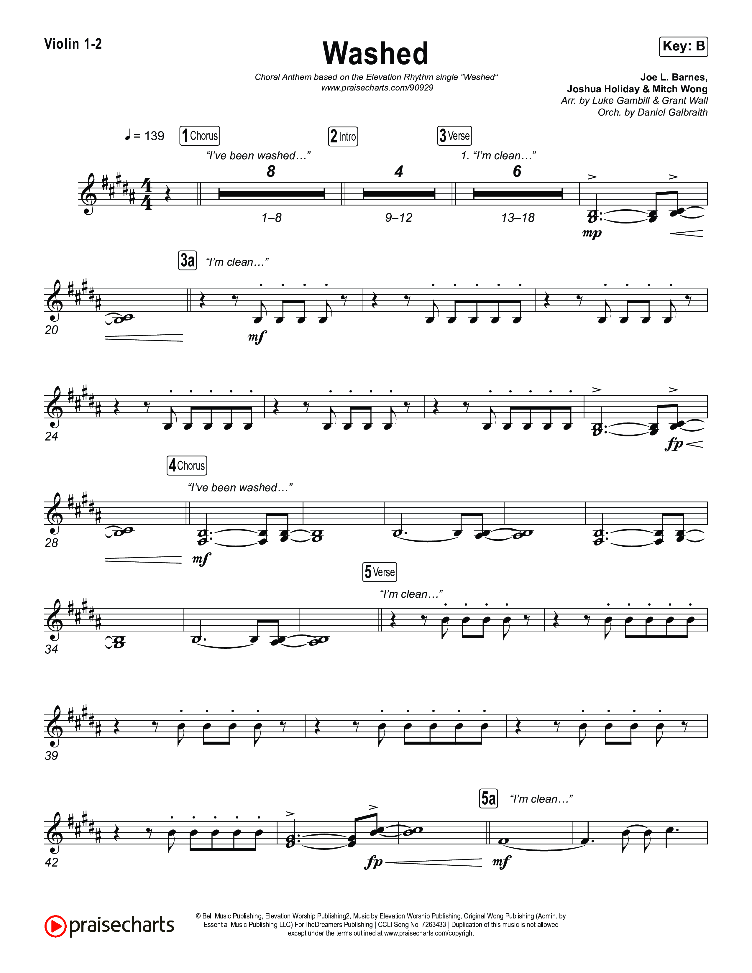 Washed (Choral Anthem SATB) Violin 1,2 (ELEVATION RHYTHM / Arr. Luke Gambill)