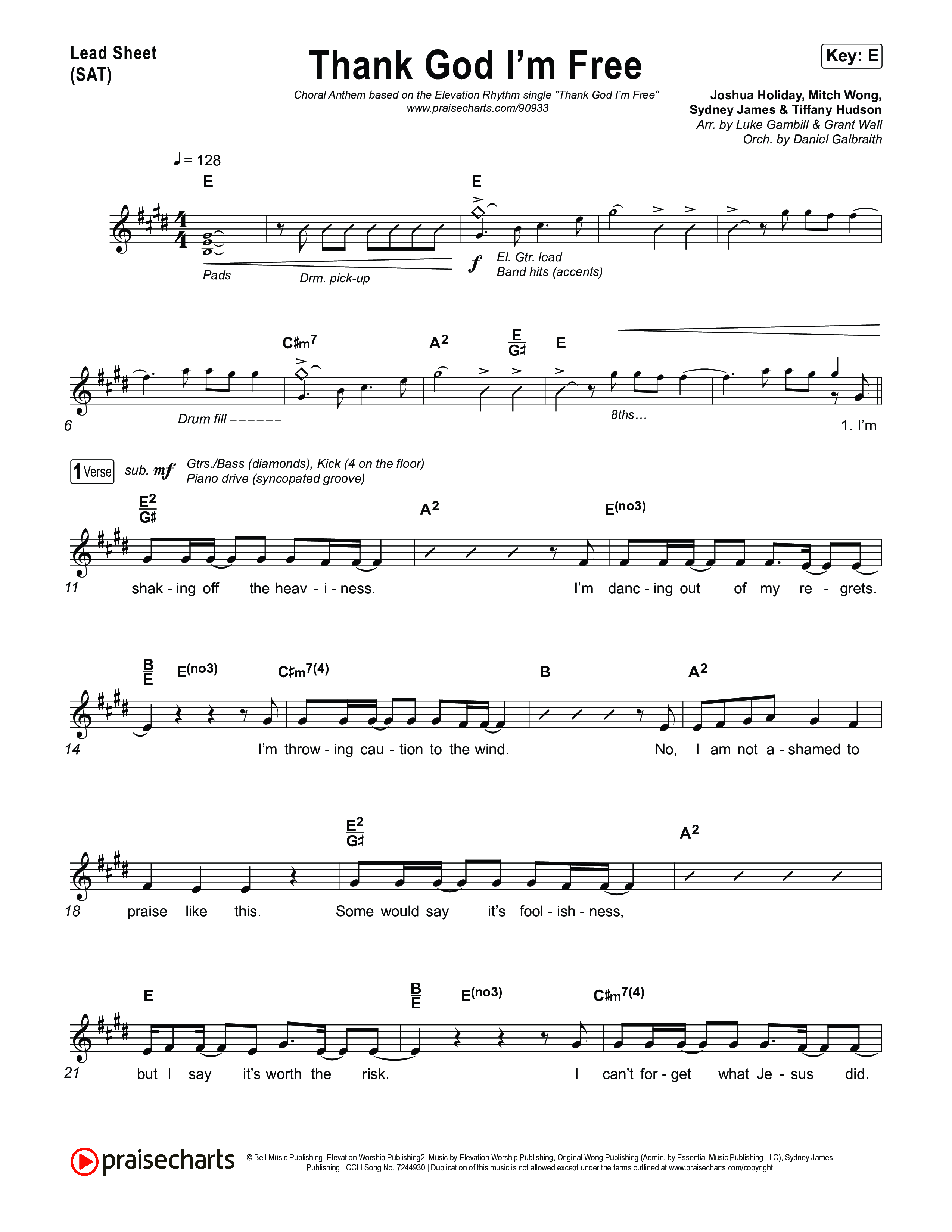 Thank God I'm Free (Choral Anthem SATB) Lead Sheet (SAT) (ELEVATION RHYTHM / Lizzie Morgan / Arr. Luke Gambill)