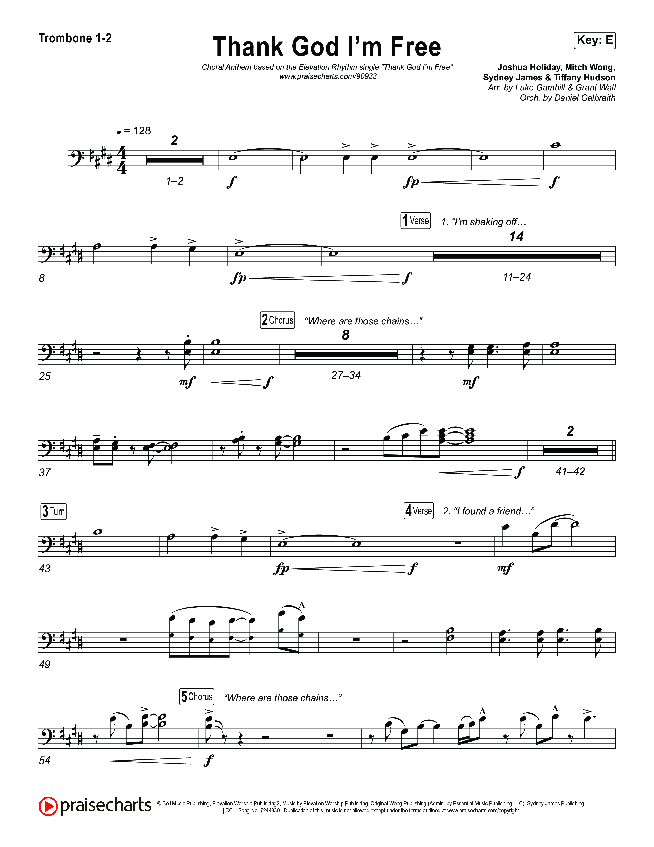 Thank God I'm Free (Choral Anthem SATB) Trombone 1/2 (ELEVATION RHYTHM / Lizzie Morgan / Arr. Luke Gambill)