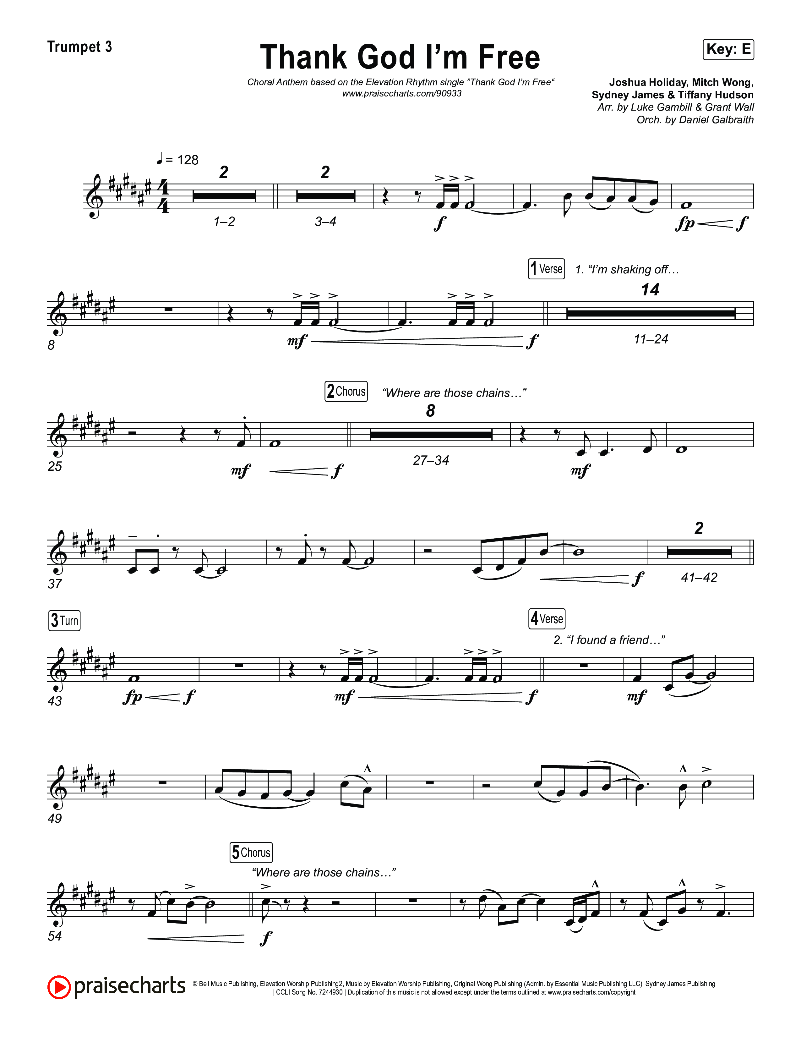 Thank God I'm Free (Choral Anthem SATB) Trumpet 3 (ELEVATION RHYTHM / Lizzie Morgan / Arr. Luke Gambill)