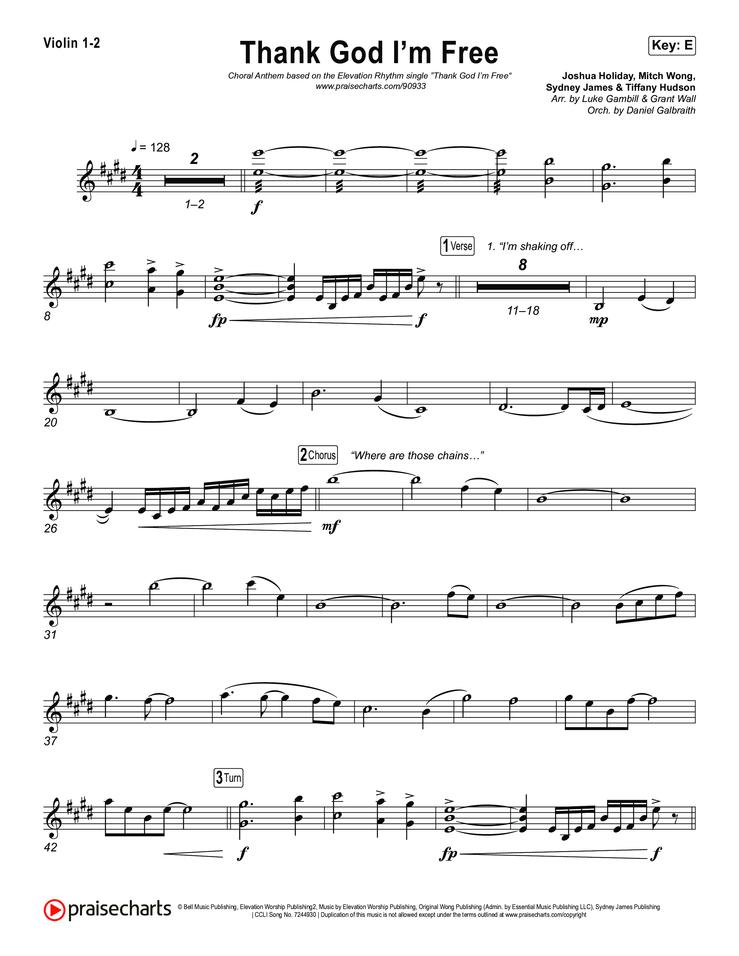 Thank God I'm Free (Choral Anthem SATB) Violin 1,2 (ELEVATION RHYTHM / Lizzie Morgan / Arr. Luke Gambill)