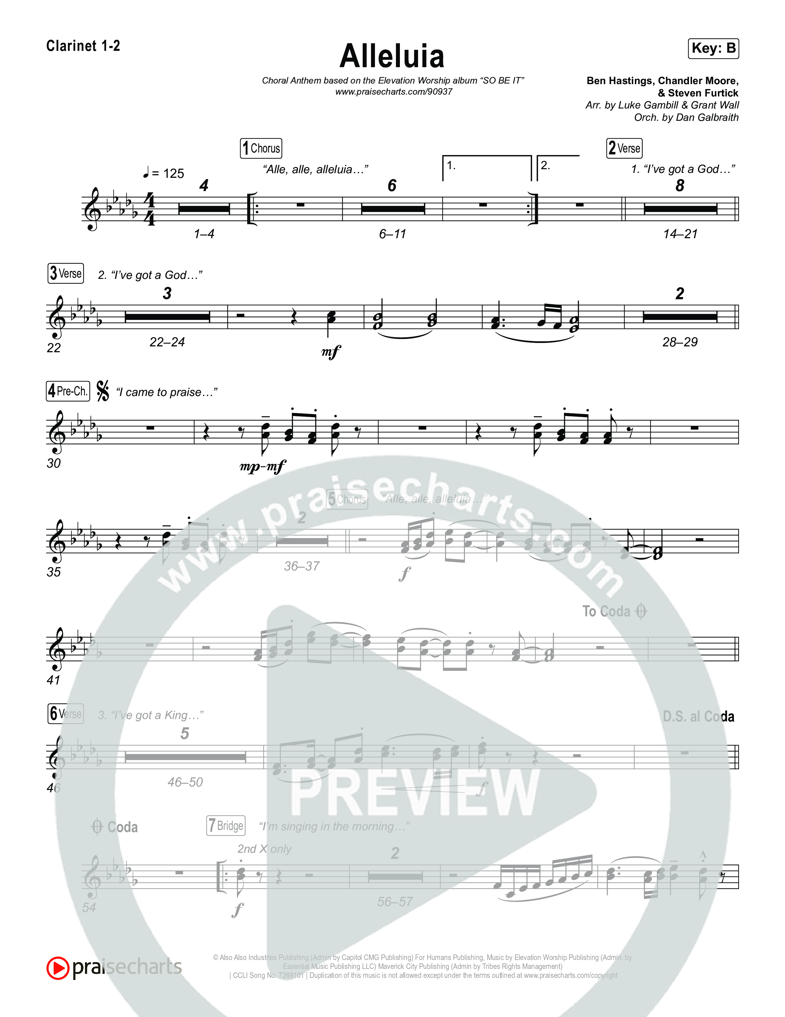 Alleluia (Choral Anthem SATB) Clarinet 1,2 (Elevation Worship / Chandler Moore / Chris Brown / Arr. Luke Gambill)