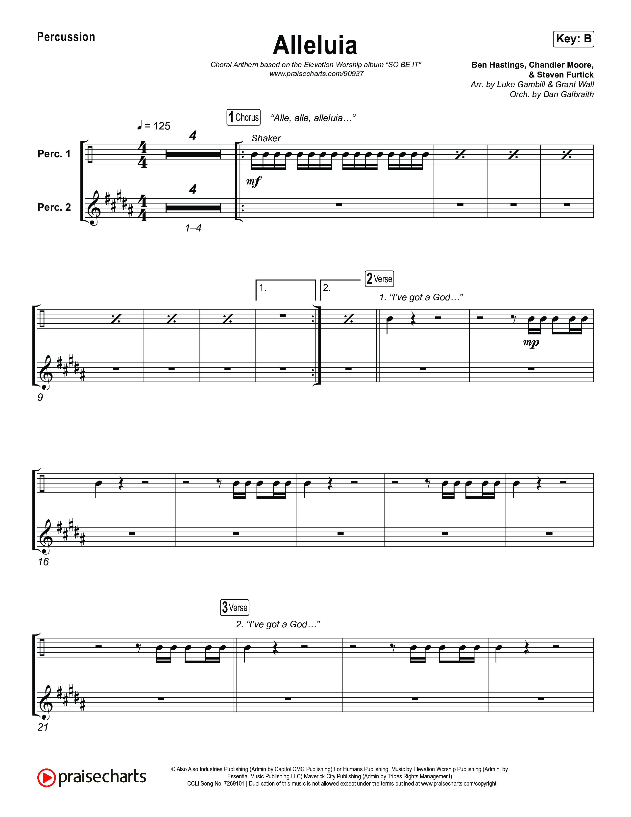 Alleluia (Choral Anthem SATB) Percussion (Elevation Worship / Chandler Moore / Chris Brown / Arr. Luke Gambill)
