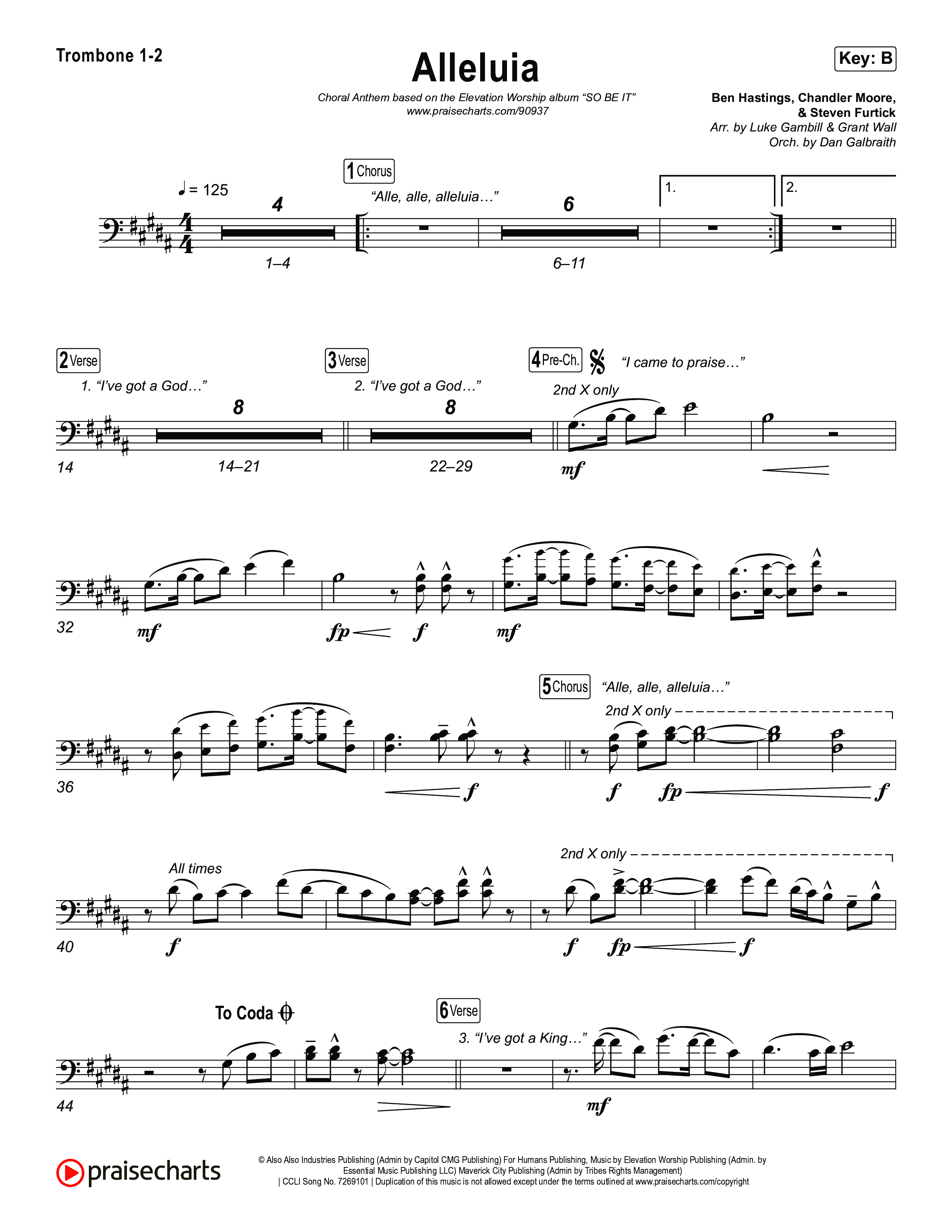Alleluia (Choral Anthem SATB) Trombone 1,2 (Elevation Worship / Chandler Moore / Chris Brown / Arr. Luke Gambill)