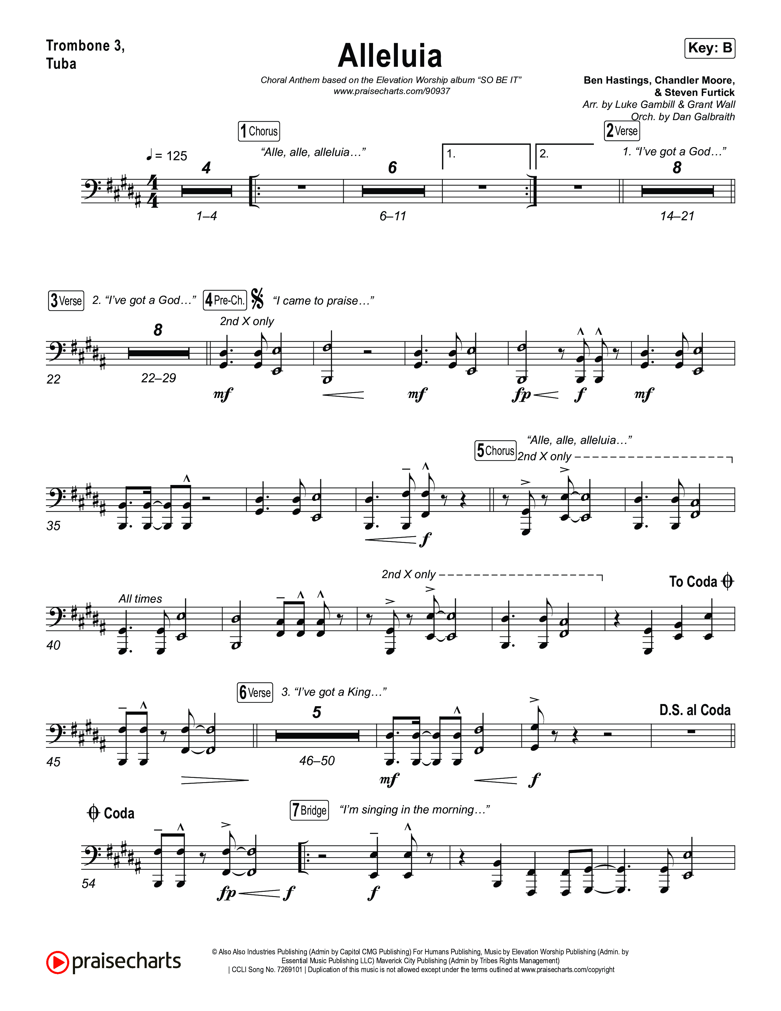 Alleluia (Choral Anthem SATB) Trombone 3/Tuba (Elevation Worship / Chandler Moore / Chris Brown / Arr. Luke Gambill)