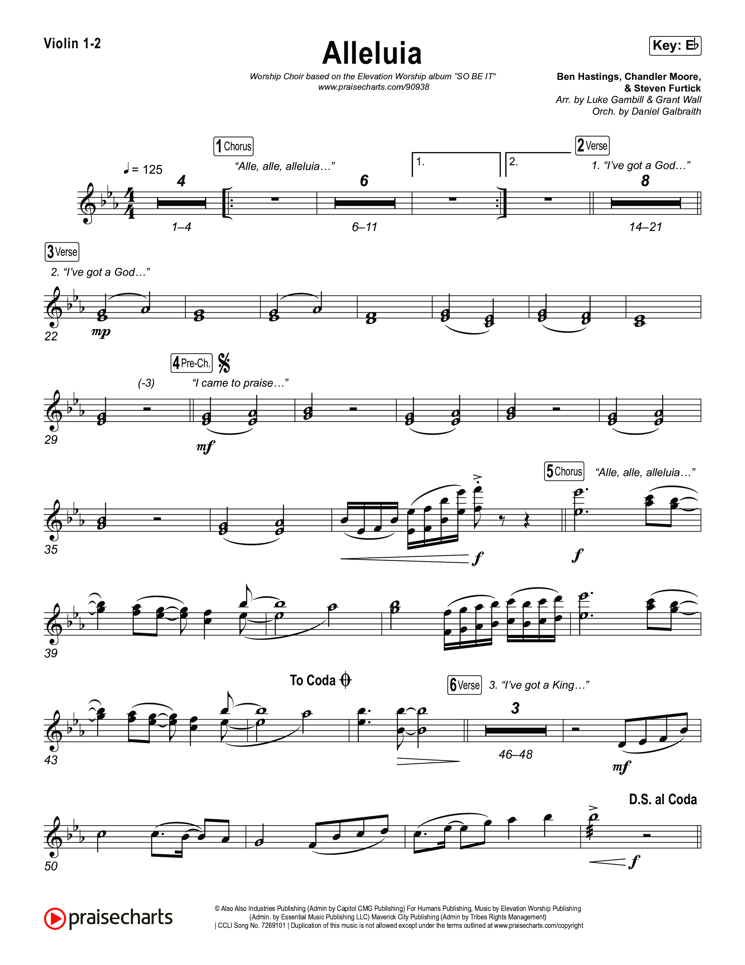 Alleluia (Worship Choir/SAB) Violin 1/2 (Elevation Worship / Chandler Moore / Chris Brown / Arr. Luke Gambill)