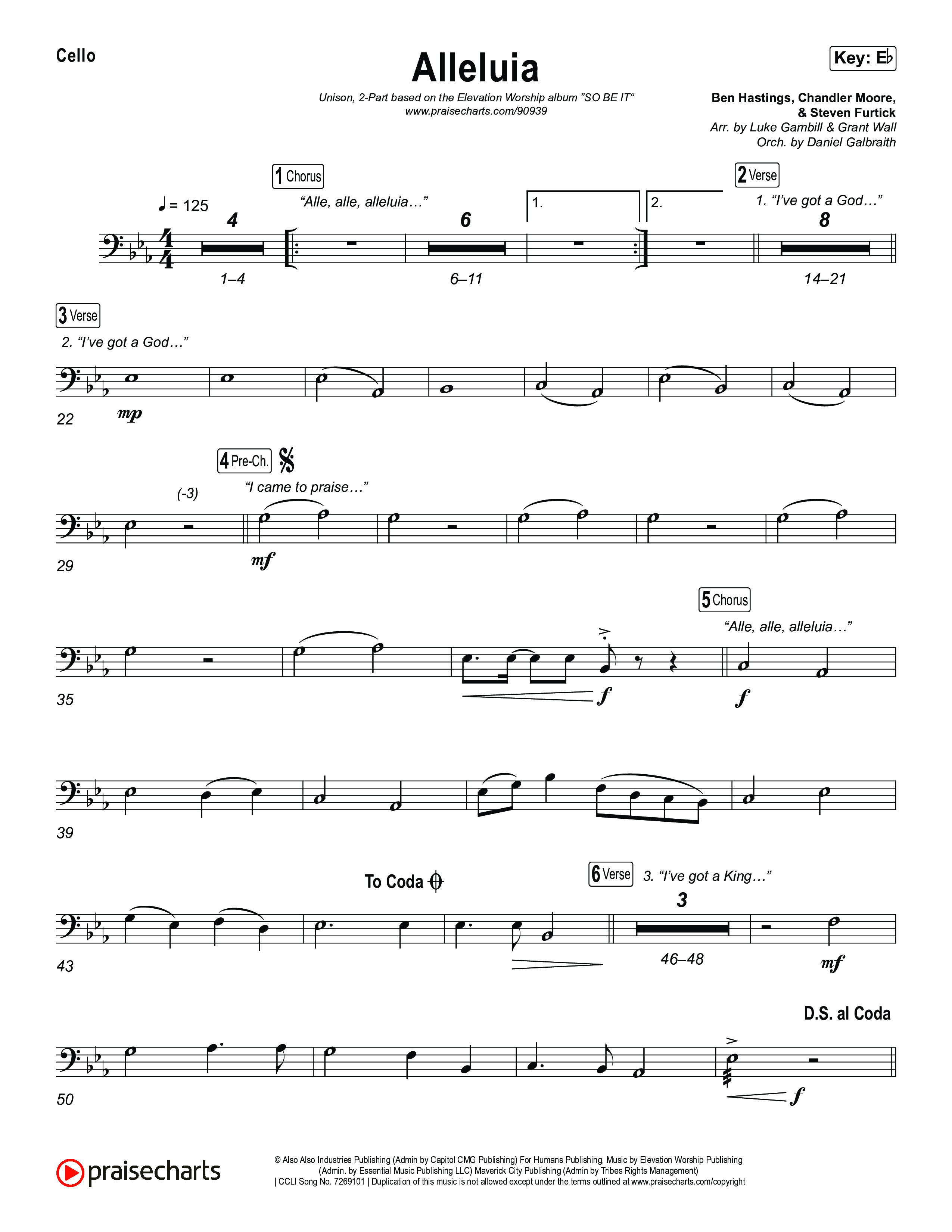 Alleluia (Unison/2-Part) Cello (Elevation Worship / Chandler Moore / Chris Brown / Arr. Luke Gambill)