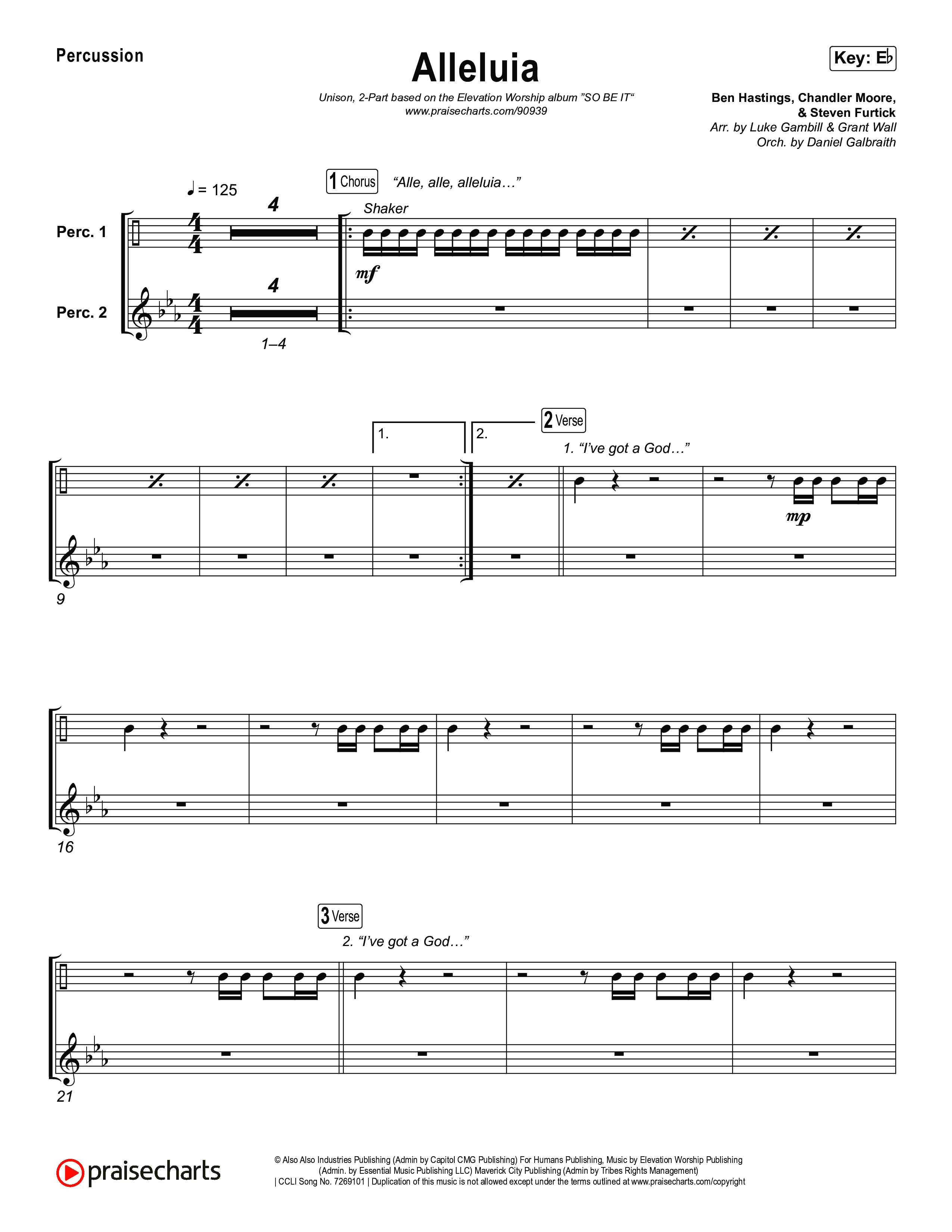 Alleluia (Unison/2-Part) Percussion (Elevation Worship / Chandler Moore / Chris Brown / Arr. Luke Gambill)